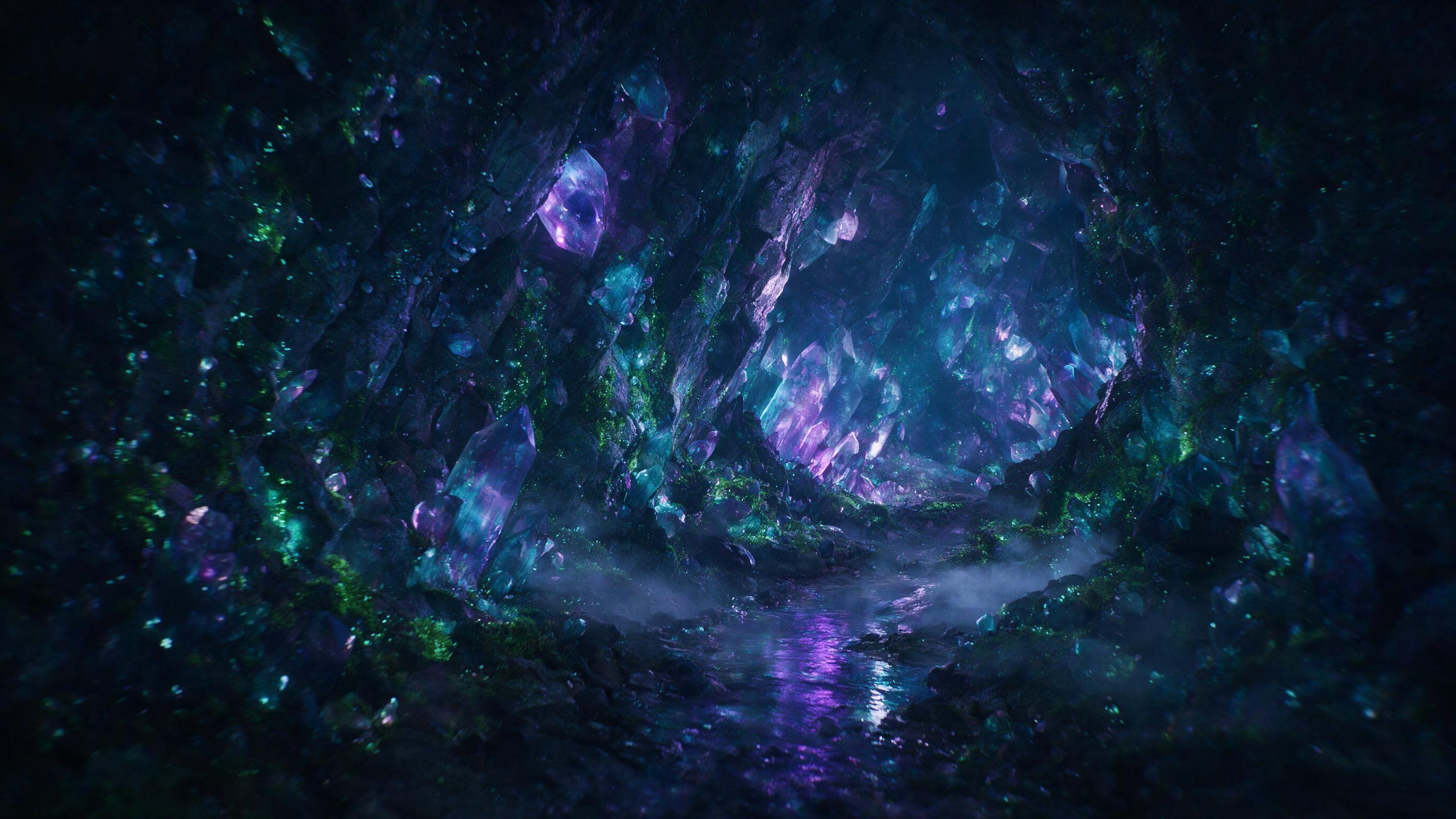 A glowing crystal cavern deep underground, bioluminescent moss clinging to jagged rock walls, a small stream reflecting violet and cyan light, mist swirling near the ground, dim natural lighting from the crystals, slight camera shake, ethereal atmosphere.