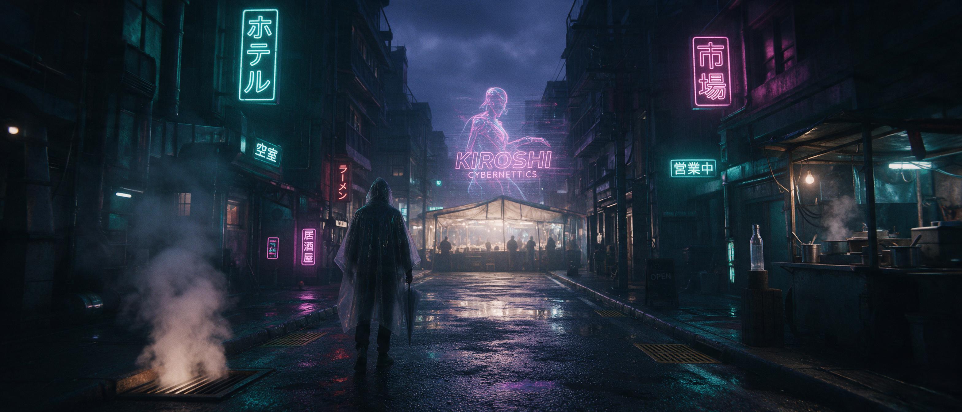 A neon-lit cyberpunk alley in rain, holographic advertisements flickering on wet asphalt, a lone figure in a translucent poncho walking toward a distant glowing market stall, steam rising from a vent, overcast night sky, cinematic wide shot with leading lines, teal and magenta color palette, subtle 