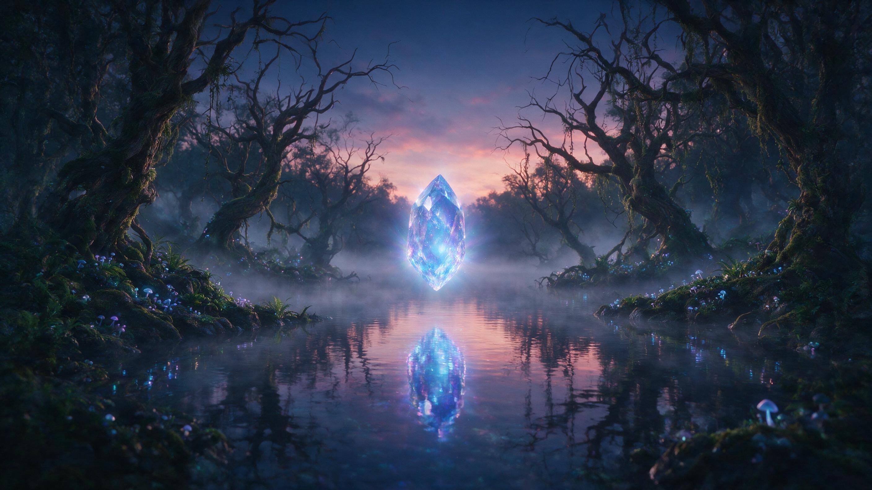 A luminous glowing crystal floating above a misty lake at twilight, surrounded by ancient twisted trees, soft bioluminescent mushrooms scattered on mossy rocks, ethereal blue and purple light reflections on water, gentle fog, cinematic composition, dreamy atmosphere.