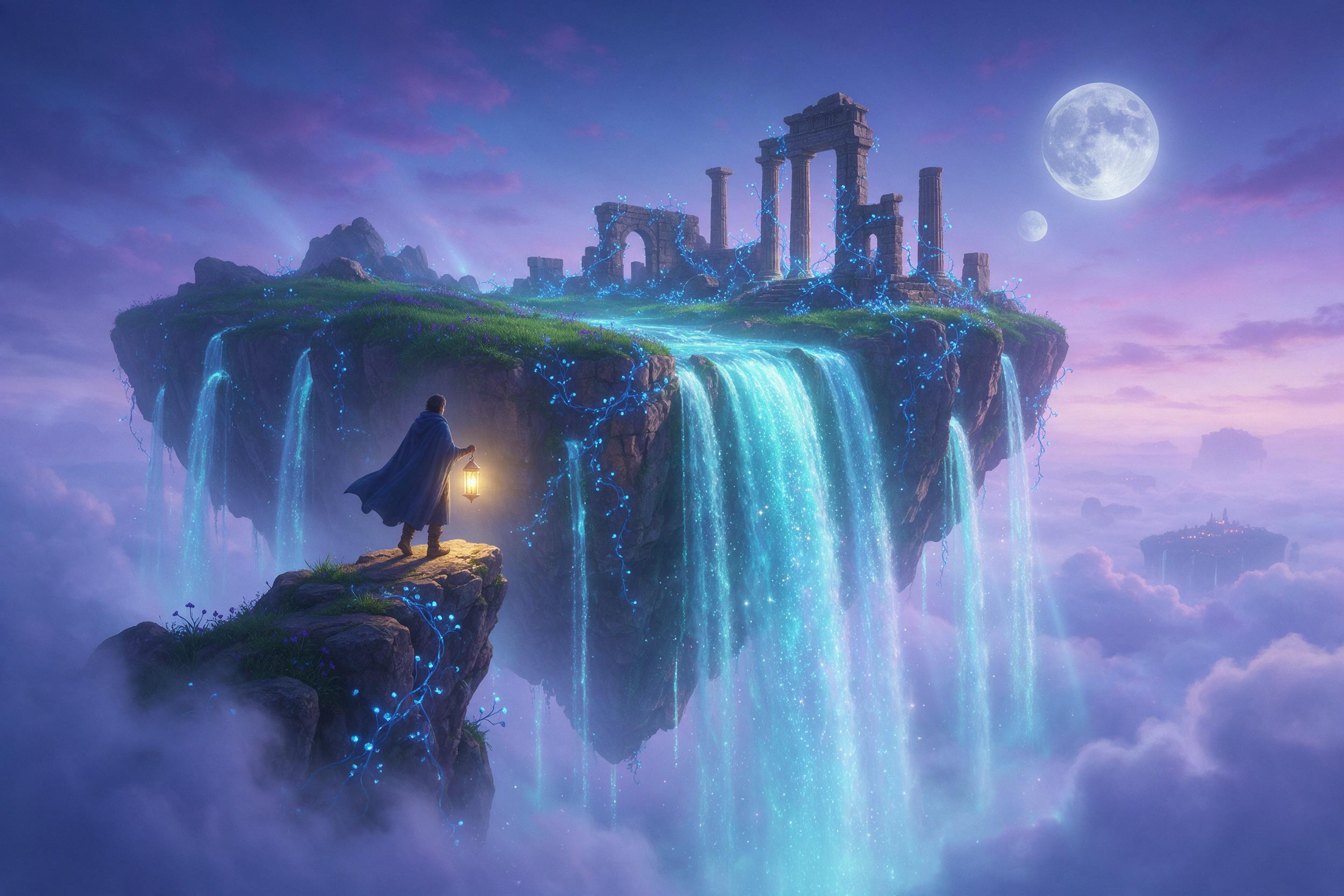 A floating island with bioluminescent waterfalls cascading into misty clouds, ancient stone ruins overgrown with glowing blue vines, a lone traveller with a lantern on the cliff edge, twilight sky with two moons, soft volumetric lighting, rich teal and purple palette, ethereal atmosphere