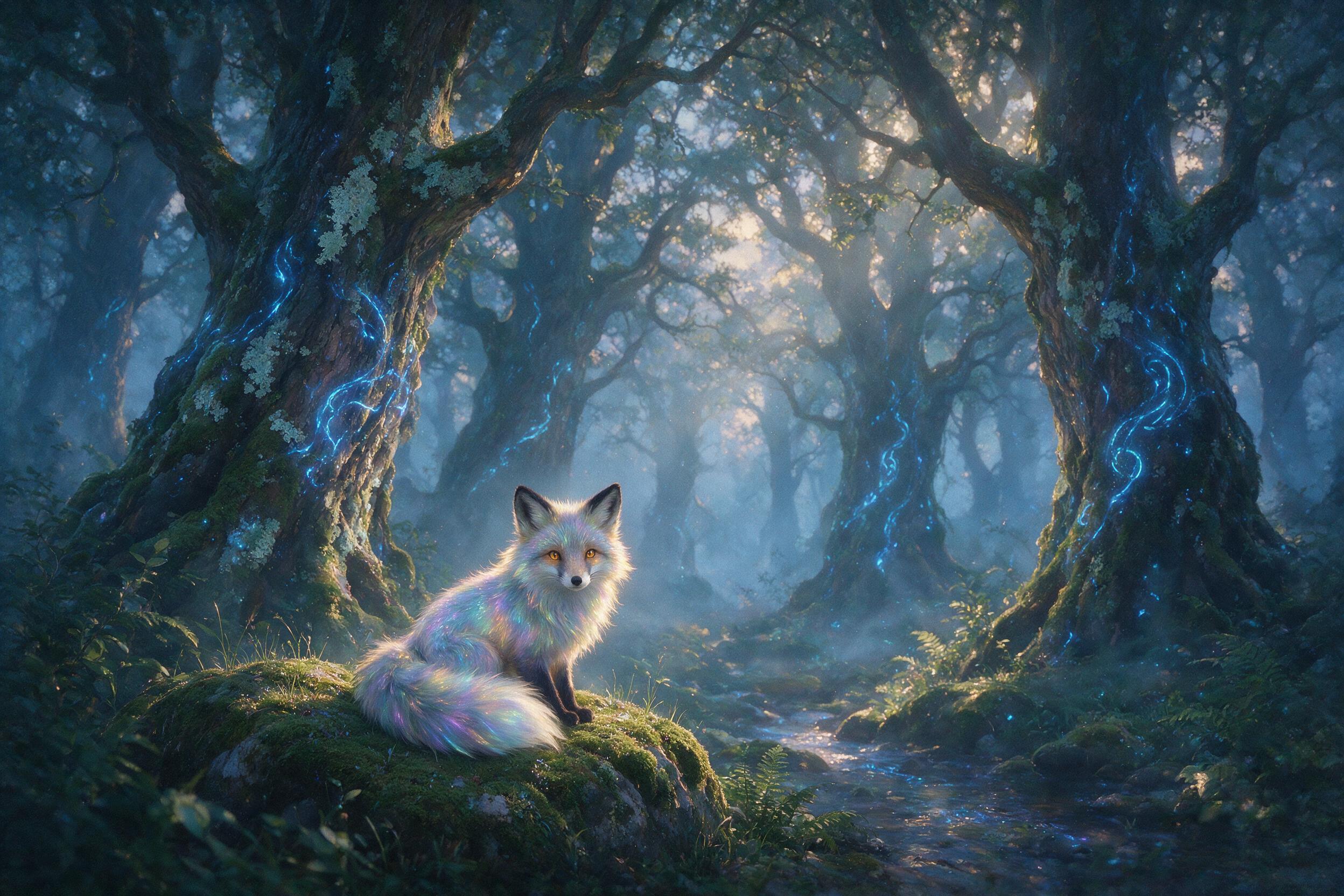 A misty forest at twilight, ancient gnarled trees with glowing blue runes, a small fox with iridescent fur sits on a mossy rock, soft fog, ethereal light rays piercing canopy, shallow depth of field, painterly texture, subtle grain.