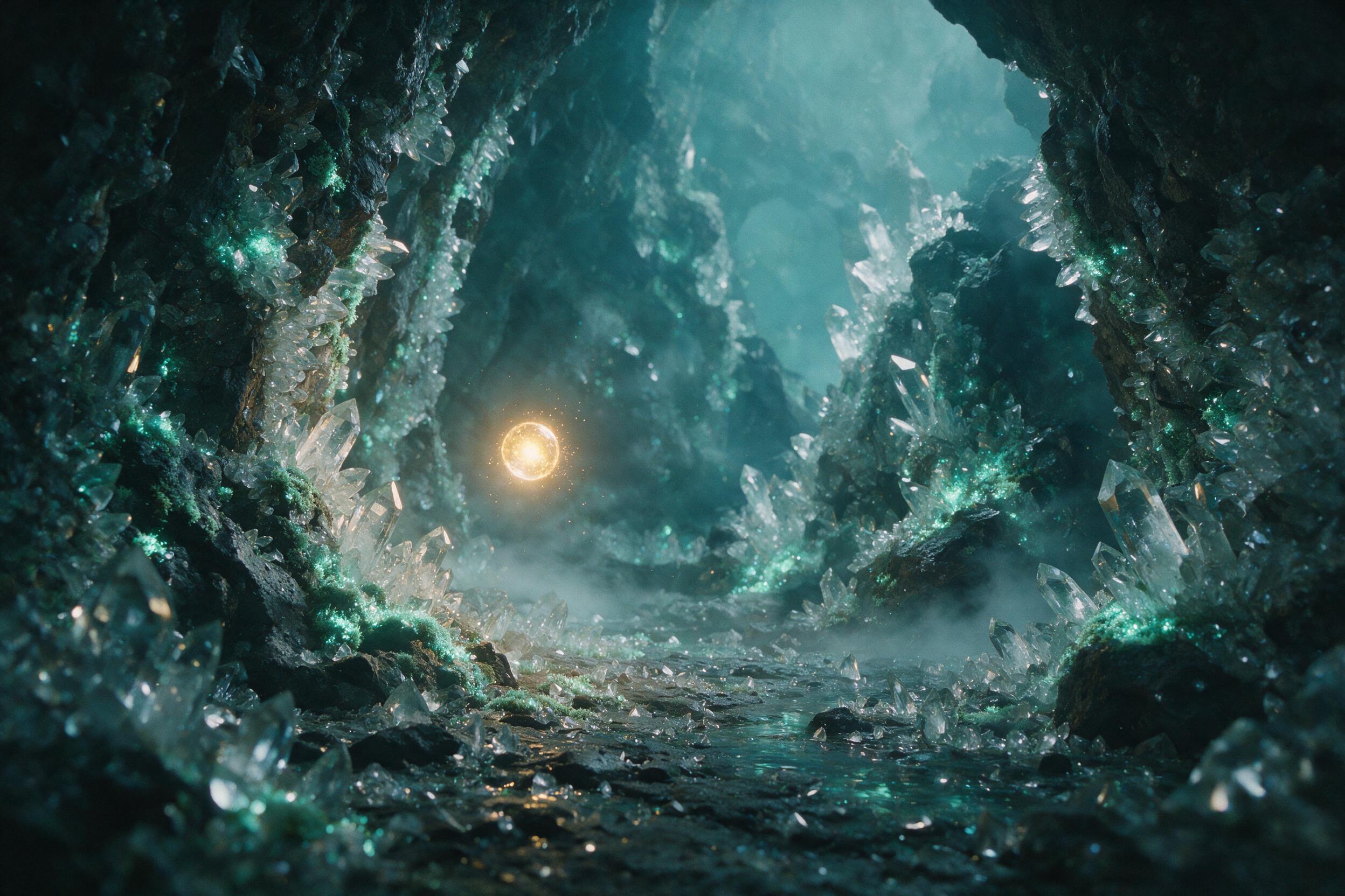 A luminous crystal cave, bioluminescent moss clinging to jagged walls, a single floating orb of golden light casting soft shadows, shallow depth of field, ethereal mist, muted teal and amber tones, subtle grain, 35mm lens perspective