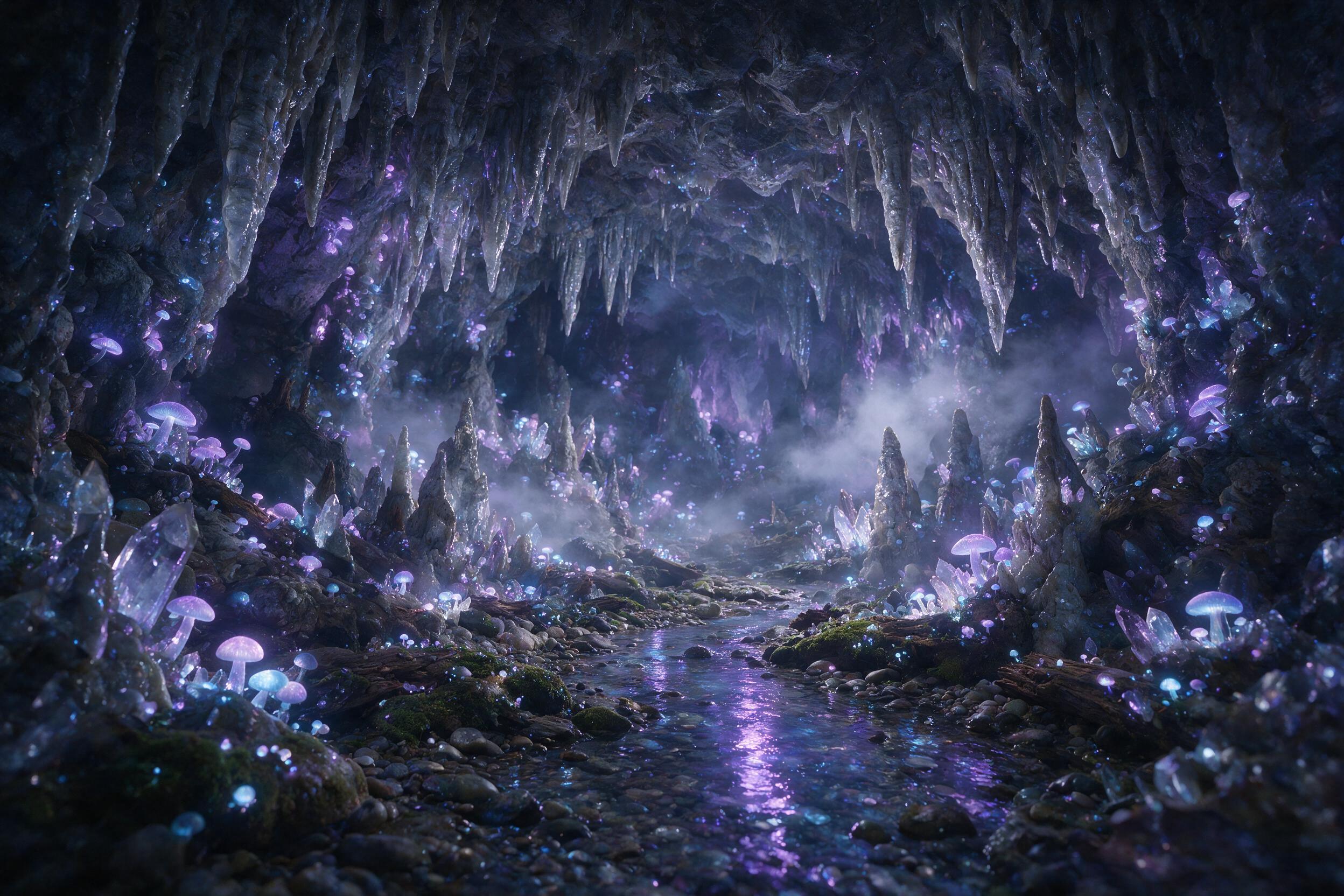 A glowing crystal cavern deep underground, bioluminescent fungi casting soft purple and blue light on jagged stalactites, a small stream reflecting the glow, mist rising, ethereal atmosphere, wide angle, soft diffusion