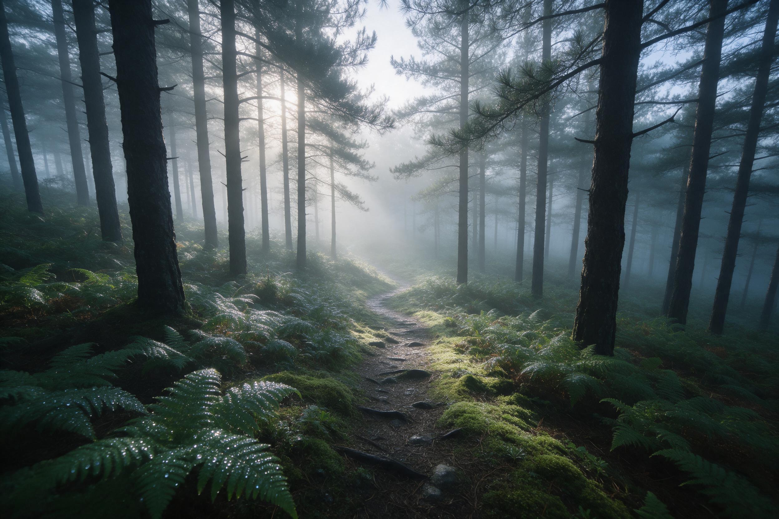 A misty pine forest at dawn, sunlight rays piercing through fog, dew-covered ferns and moss on the forest floor, a winding path leading into the distance, soft diffused lighting, subtle cool blue and green tones, gentle atmospheric perspective, medium shot composition