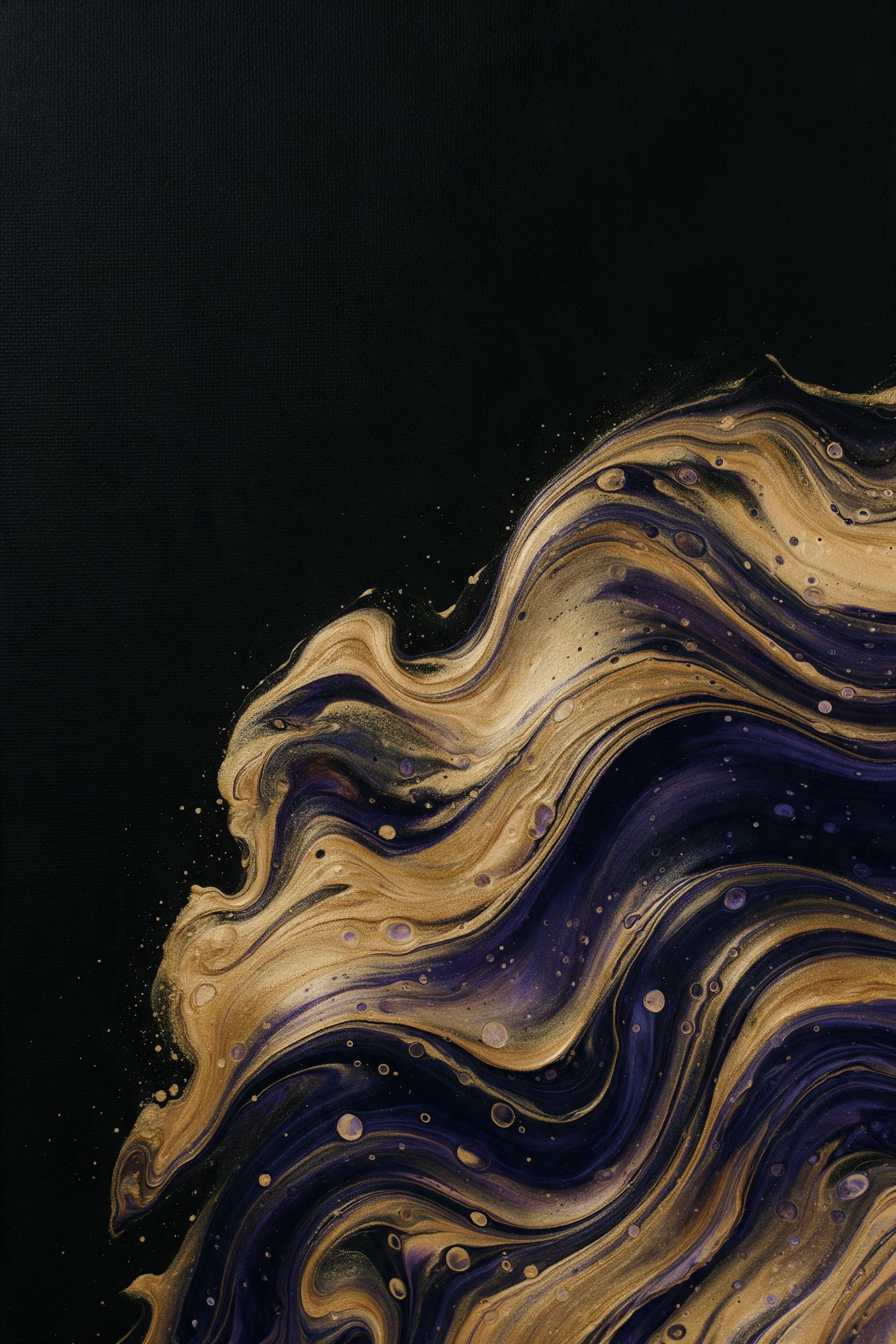 Fluid art of swirling molten gold and deep indigo on black canvas, subtle iridescent bubbles, dynamic waves frozen in motion, soft studio lighting with gentle reflections, minimalist composition with negative space