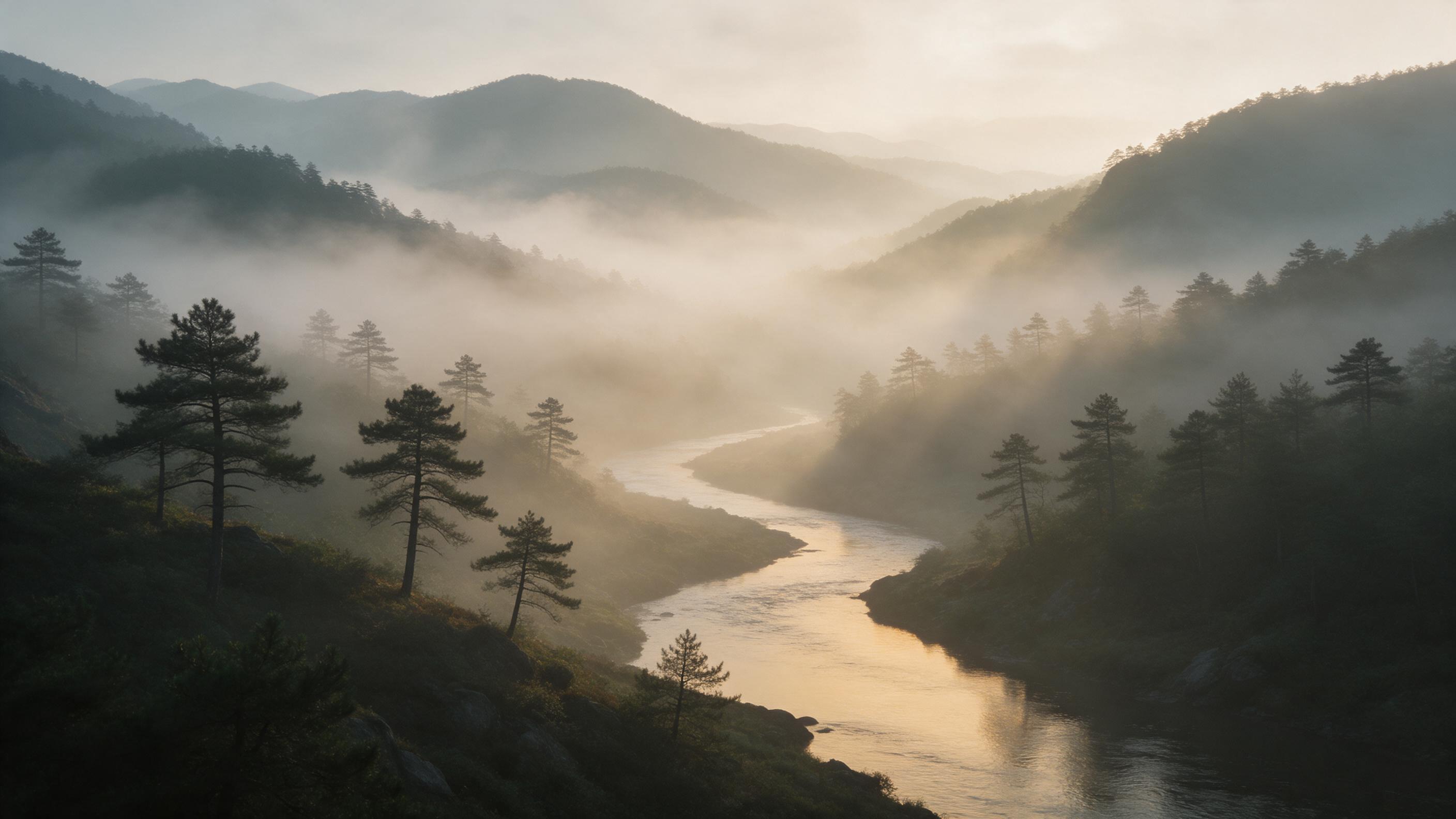A misty mountain valley at dawn, soft golden light piercing through fog, winding river reflecting warm hues, pine trees on slopes, layers of ridges fading into distance, delicate mist, natural lighting, slight haze, no people, no buildings.