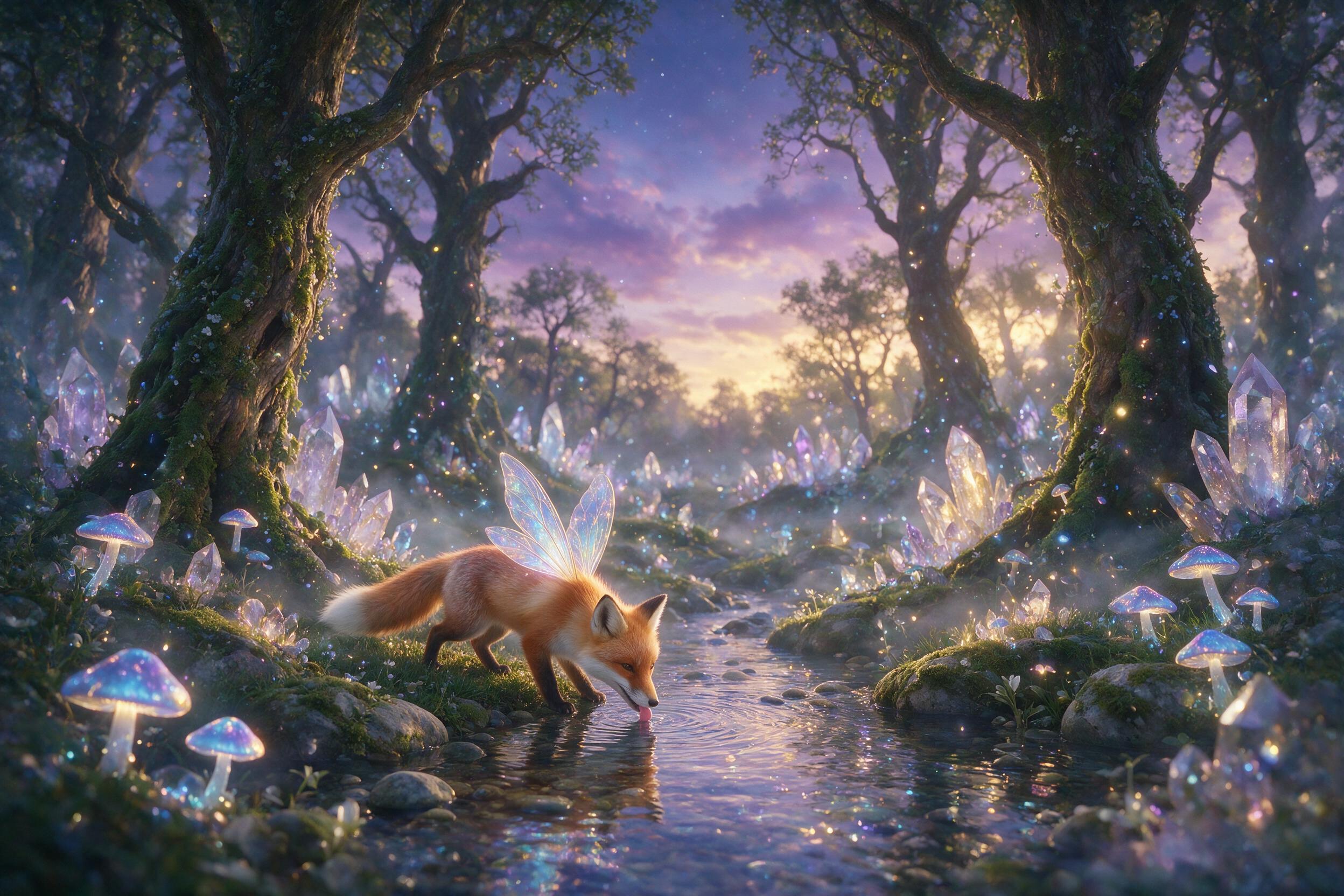 A glowing crystal forest under a twilight sky, bioluminescent mushrooms and floating spores, a small fox with translucent wings drinking from a stream, soft mist, golden and violet light, shallow depth of field, dreamy atmosphere