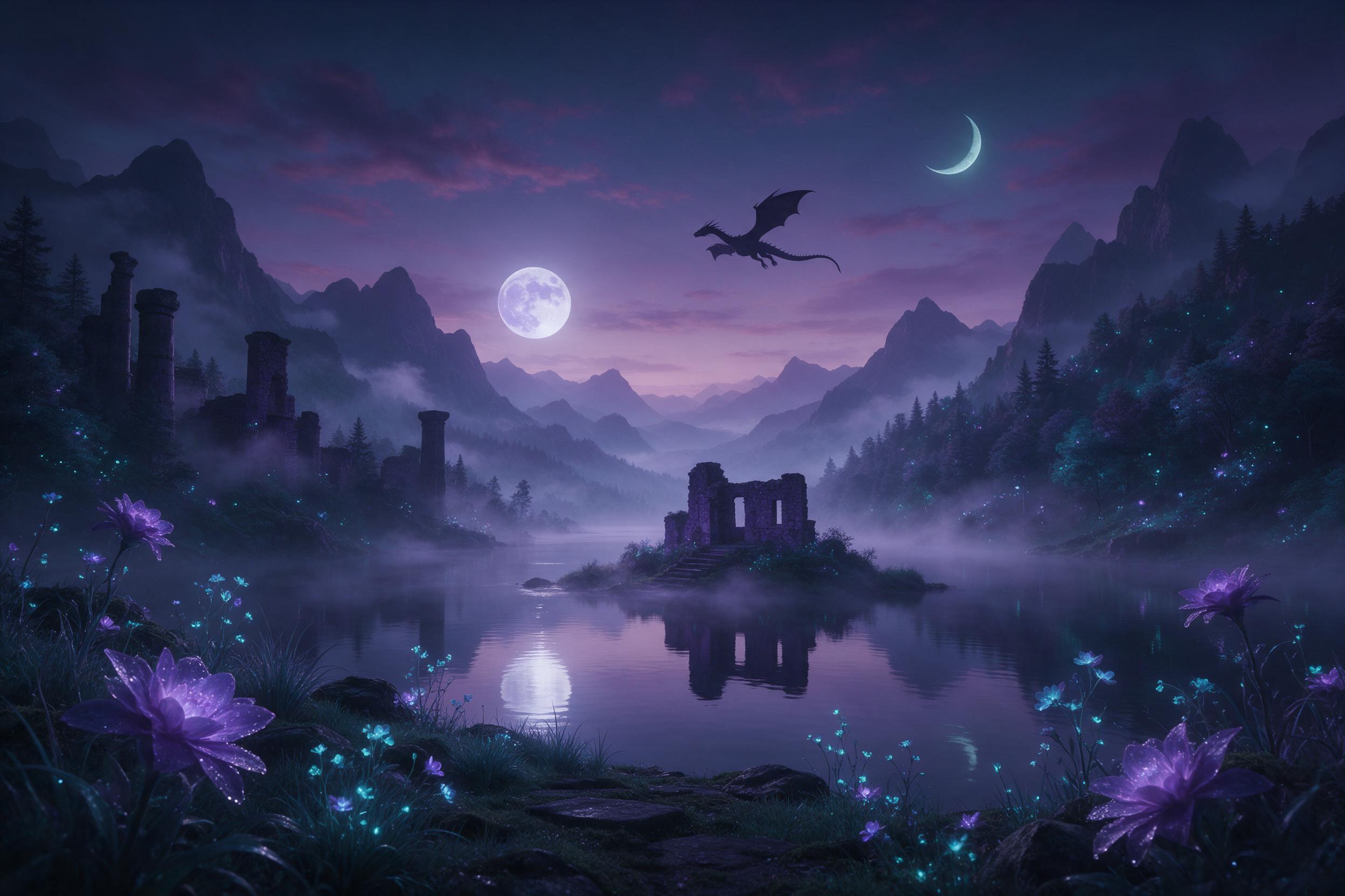 An ethereal valley where bioluminescent flowers bloom under a twilight sky, twin moons reflecting in a mirror-calm river, silhouetted dragon circling above, mist weaving through ancient stone ruins, cool violet and teal palette, soft diffused light from the moons.