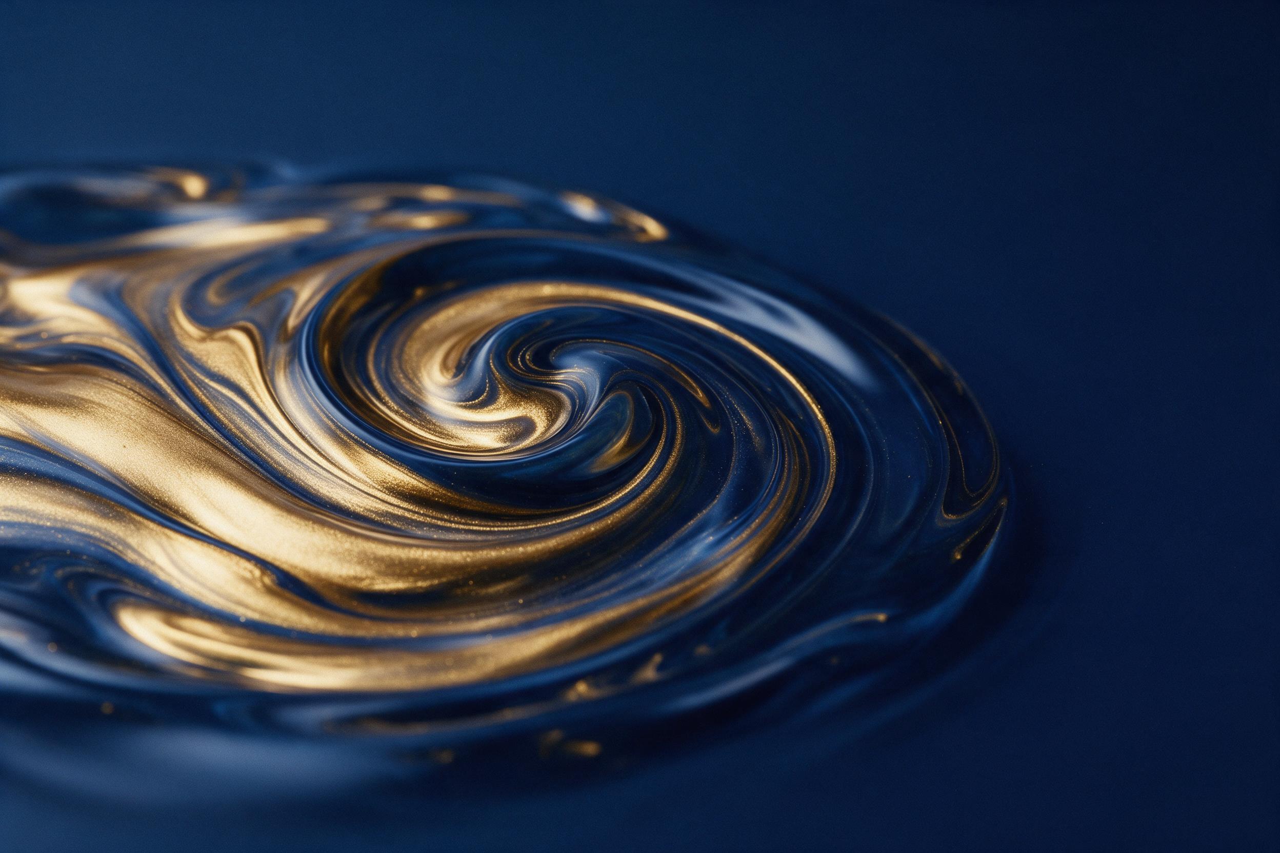 Liquid gold and deep indigo swirl in slow motion, captured with a macro lens; metallic reflections ripple through translucent waves, sharp focus on intricate textures, soft studio lighting from the left, minimalist composition with negative space, subtle film grain.