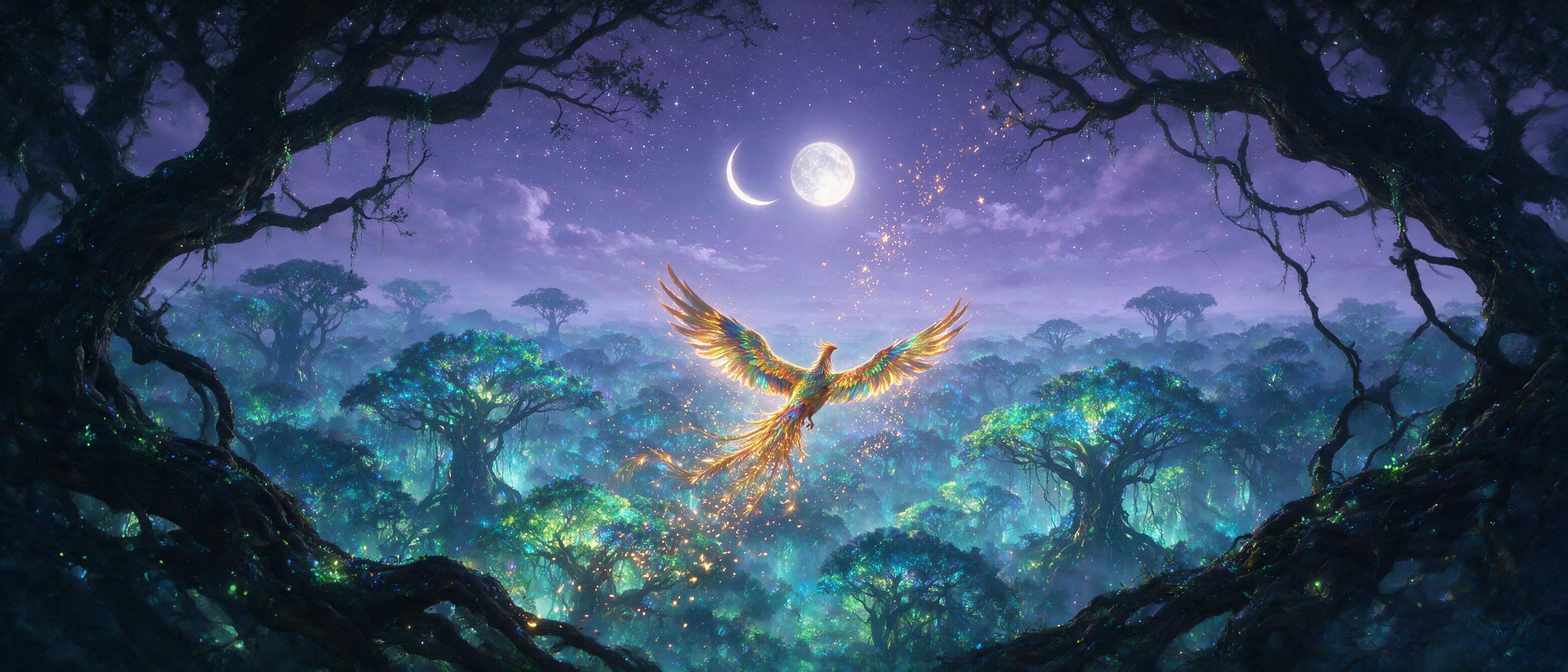 A lone phoenix with iridescent feathers soars over a bioluminescent forest, leaving a trail of golden embers that drift upward. The sky is deep lavender with two moons, one crescent, one full. Soft mist clings to ancient glowing trees. Wide shot, silhouetted branches frame the scene, magical light s
