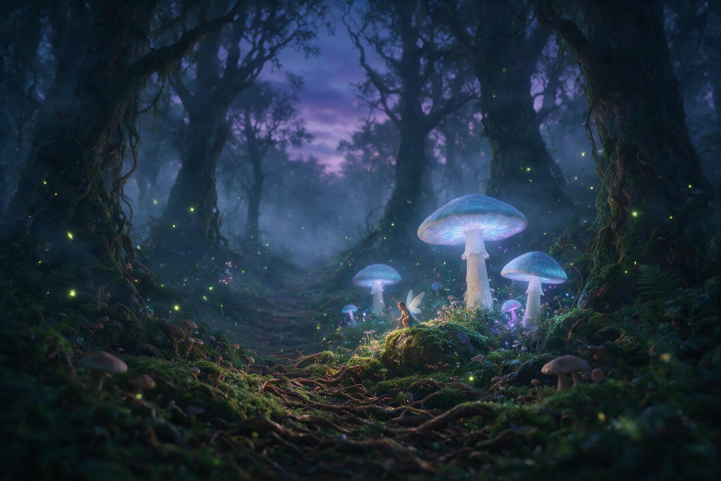 A misty forest at twilight, giant bioluminescent mushrooms casting soft blue and purple light, a small fairy with translucent wings perched on a mossy rock, fireflies drifting between ancient trees, gentle fog, shallow depth of field, ethereal atmosphere, cinematic composition