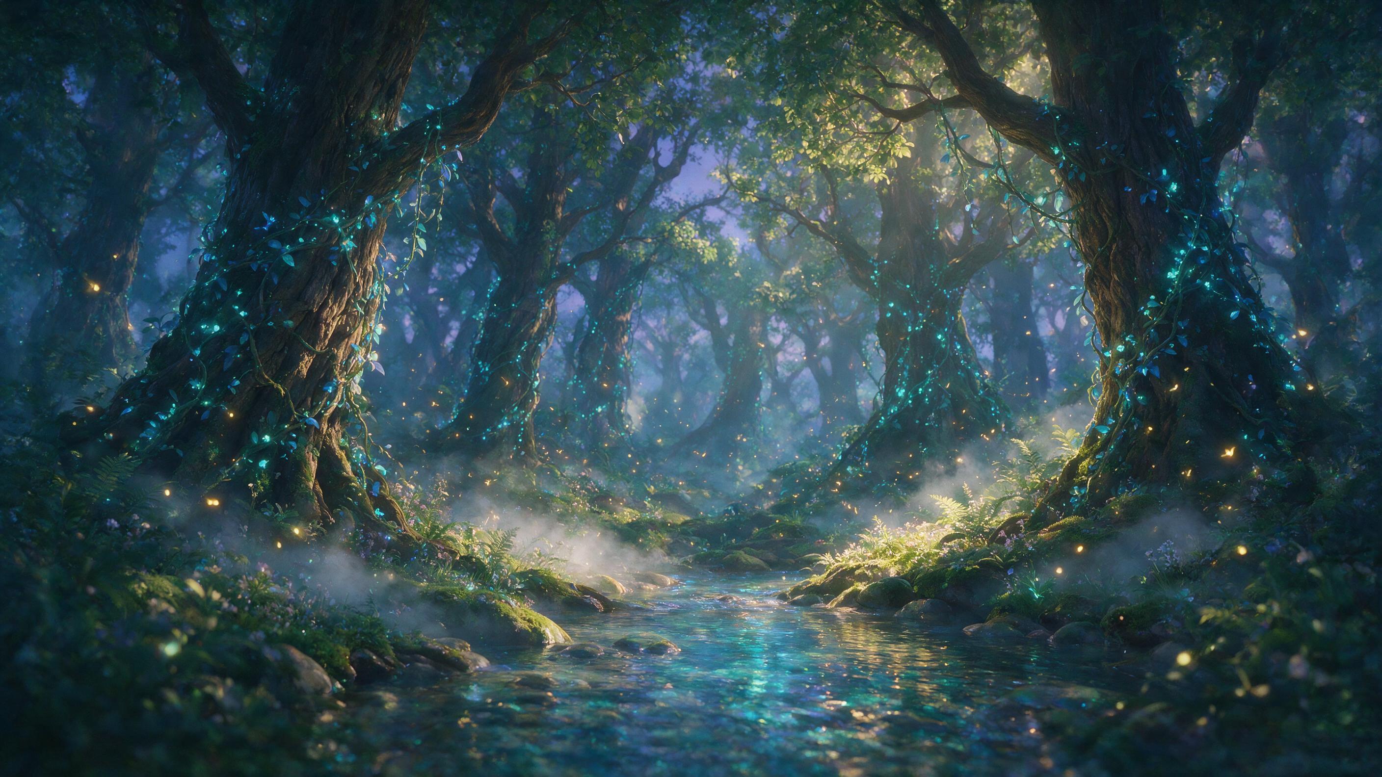 A glowing, ethereal forest at twilight, with ancient trees wrapped in bioluminescent vines, soft mist rising from a crystal-clear stream, fireflies dancing in the air, warm golden light filtering through the canopy, slight camera shake, shallow depth of field, painterly style