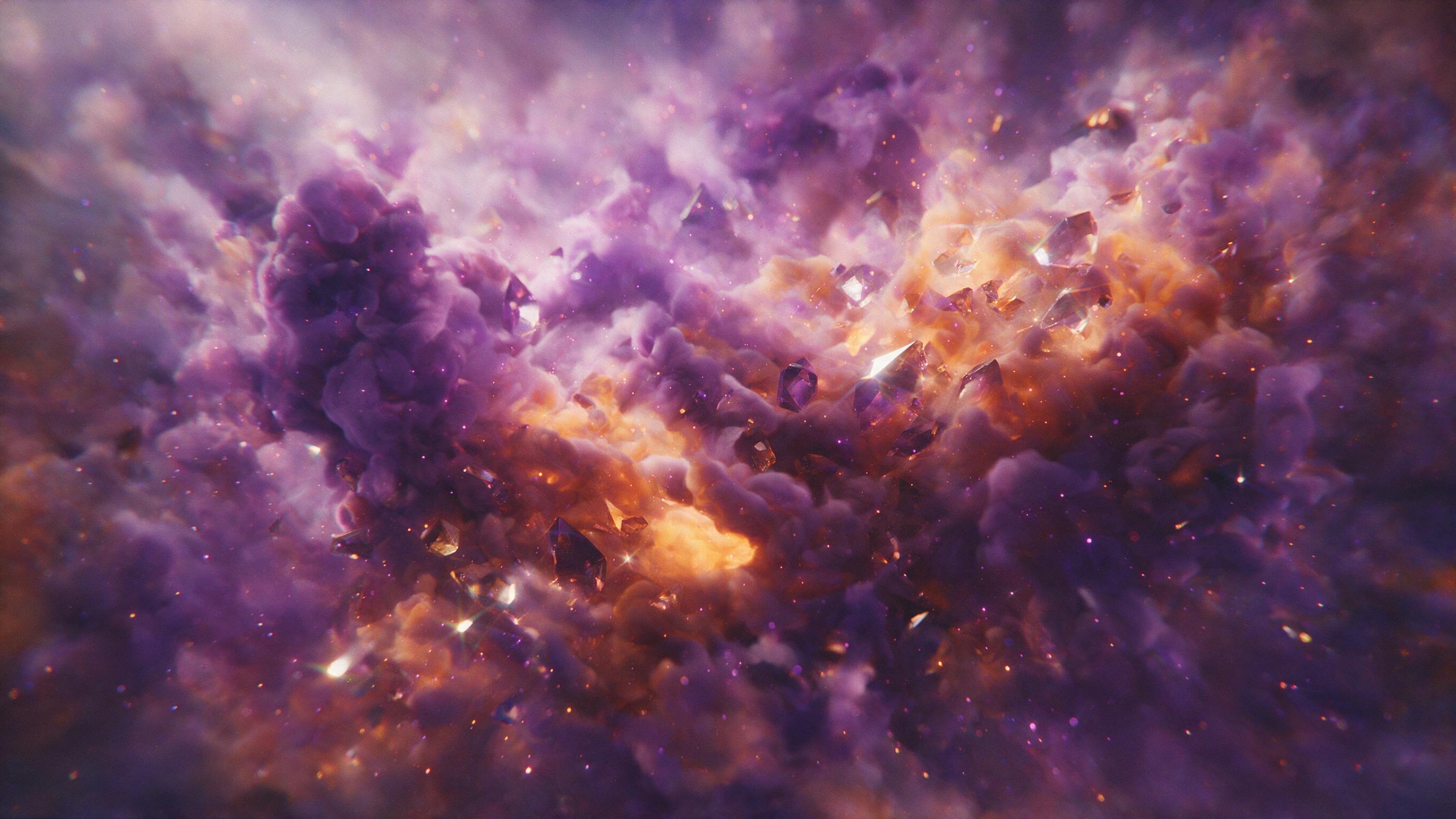 Swirling nebula of deep violet and burnt orange, fluid organic shapes collide with sharp geometric fragments, soft diffused backlighting, shallow depth of field, grainy film texture, slight chromatic aberration, ethereal atmosphere