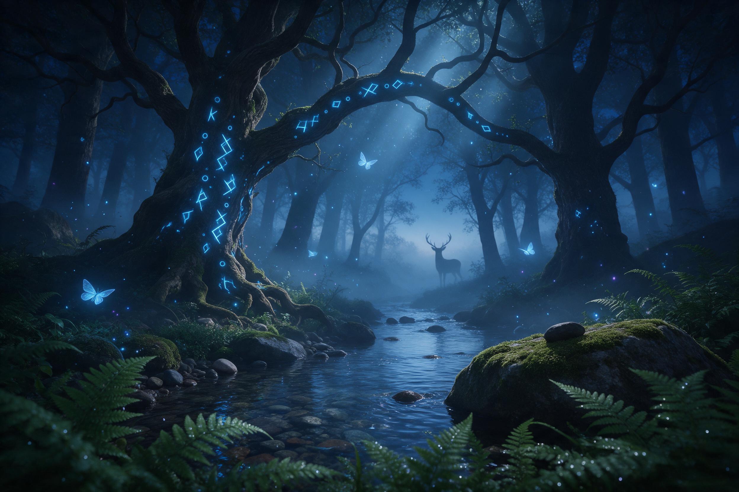 A misty forest at twilight, where ancient trees with glowing blue runes bend over a crystal-clear stream. Soft volumetric light filters through canopy, illuminating floating spores and a few bioluminescent moths. Foreground ferns, mossy stones, with a faint silhouette of a deer-like creature watchin
