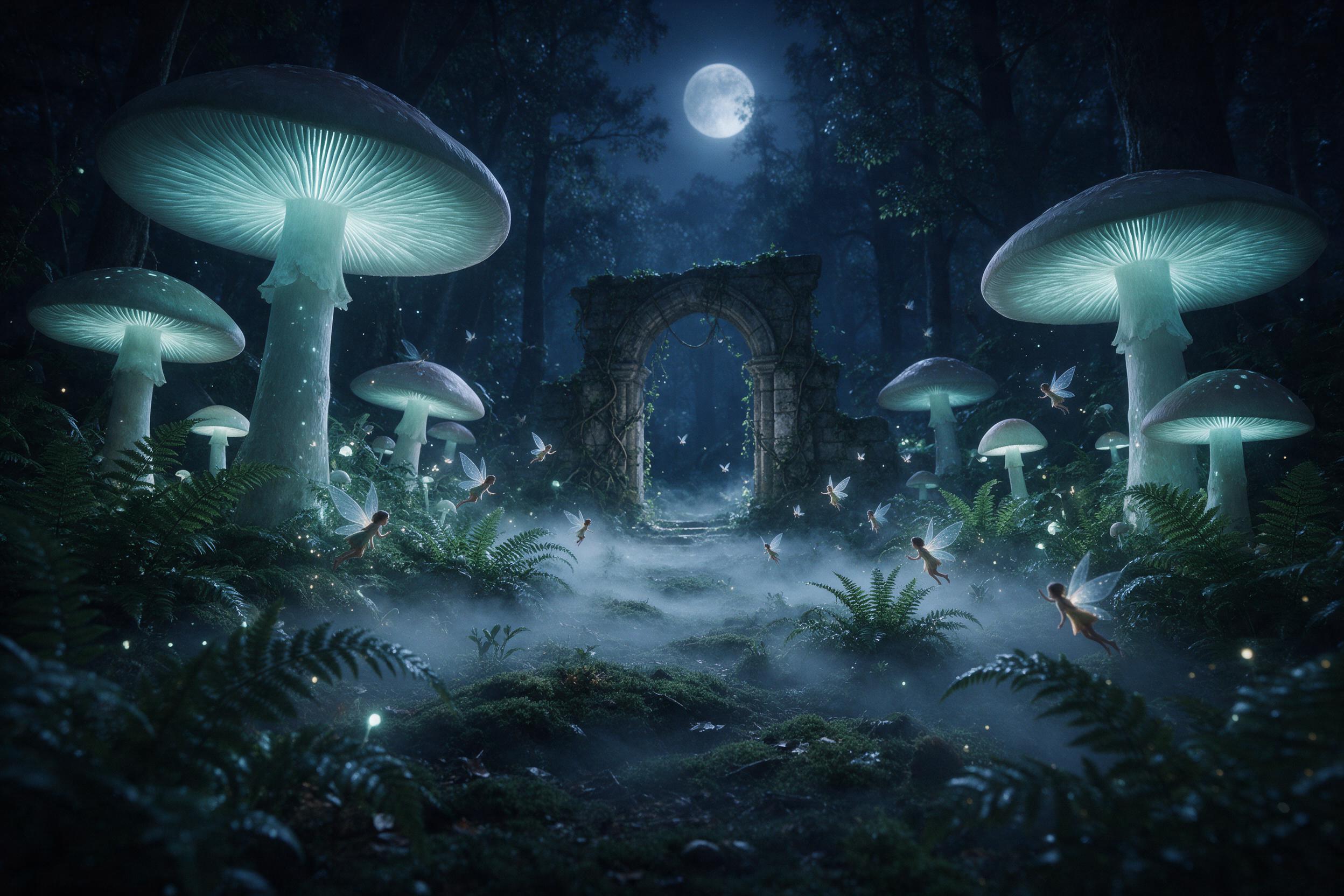 A moonlit enchanted forest clearing, massive glowing mushrooms casting soft teal light, tiny winged fairies fluttering between ferns, mist rolling over mossy ground, a ruined stone archway entwined with vines, ethereal atmosphere with deep blue shadows and silver highlights, wide-angle composition e