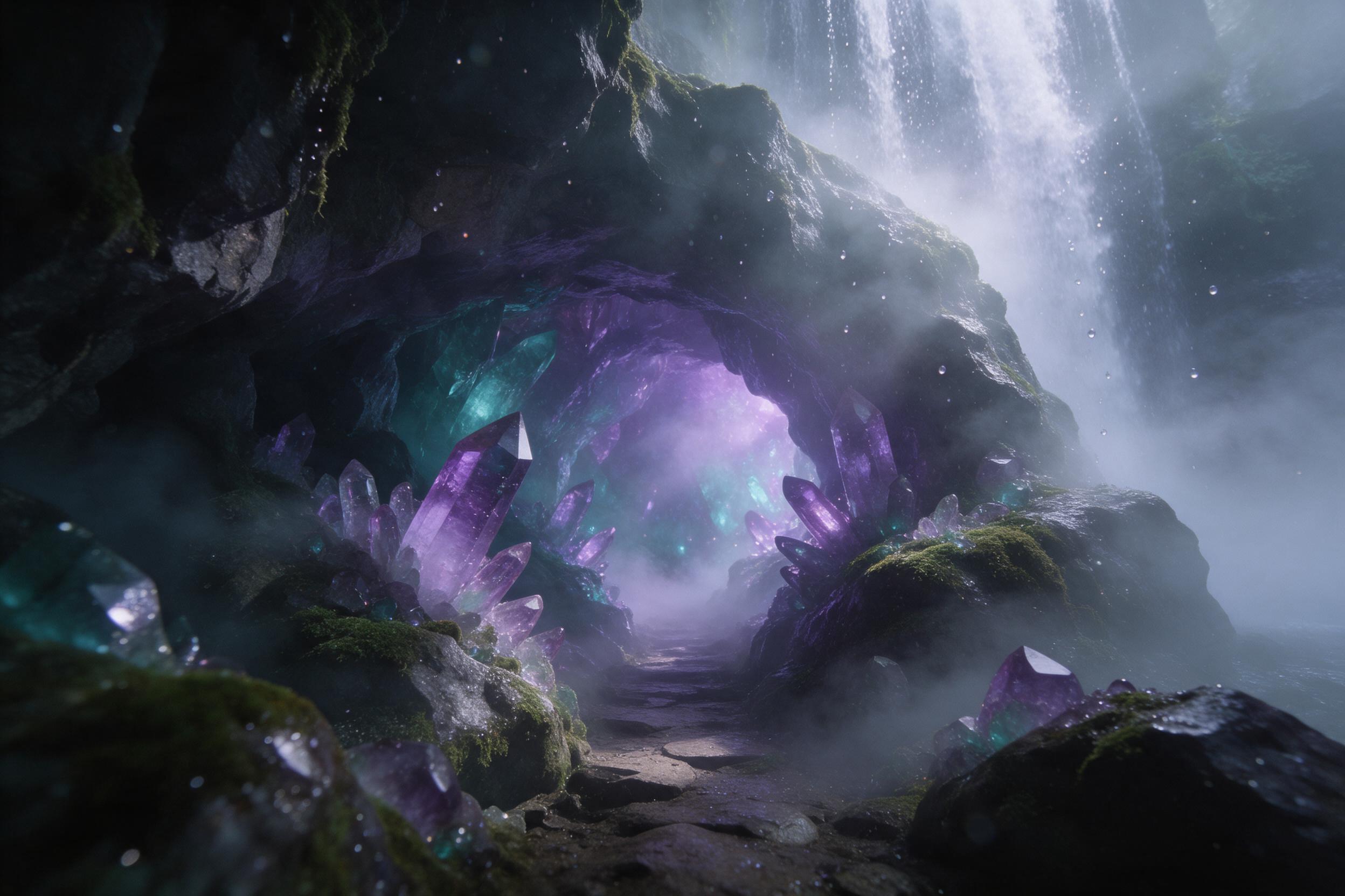 A hidden crystal cavern beneath a misty waterfall, glowing purple and teal crystals jutting from mossy rocks, soft ethereal light filtering through swirling fog, a narrow stone path leading into luminous depths, suspended water droplets catching light, misty atmosphere with subtle grain