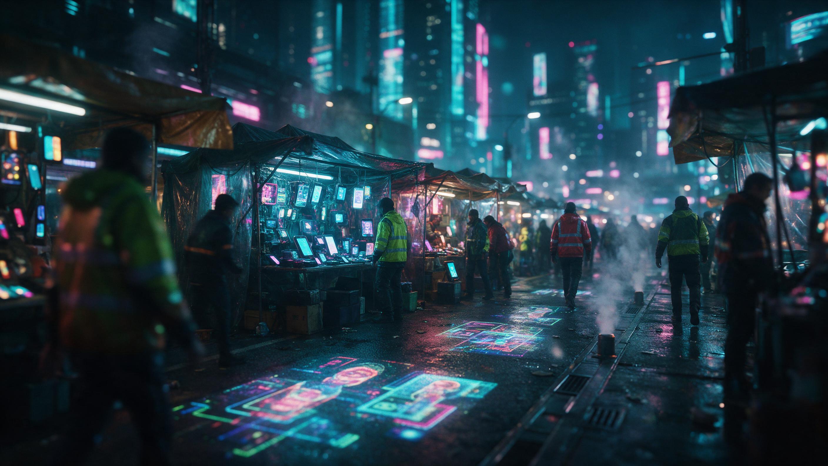 A neon-lit cyberpunk street market at night, holographic ads flickering on wet asphalt, rain-covered stalls selling glowing gadgets, pedestrians in reflective jackets, distant towering skyscrapers with cyan and magenta lights, steam rising from vents, shallow depth of field with bokeh, cinematic lig