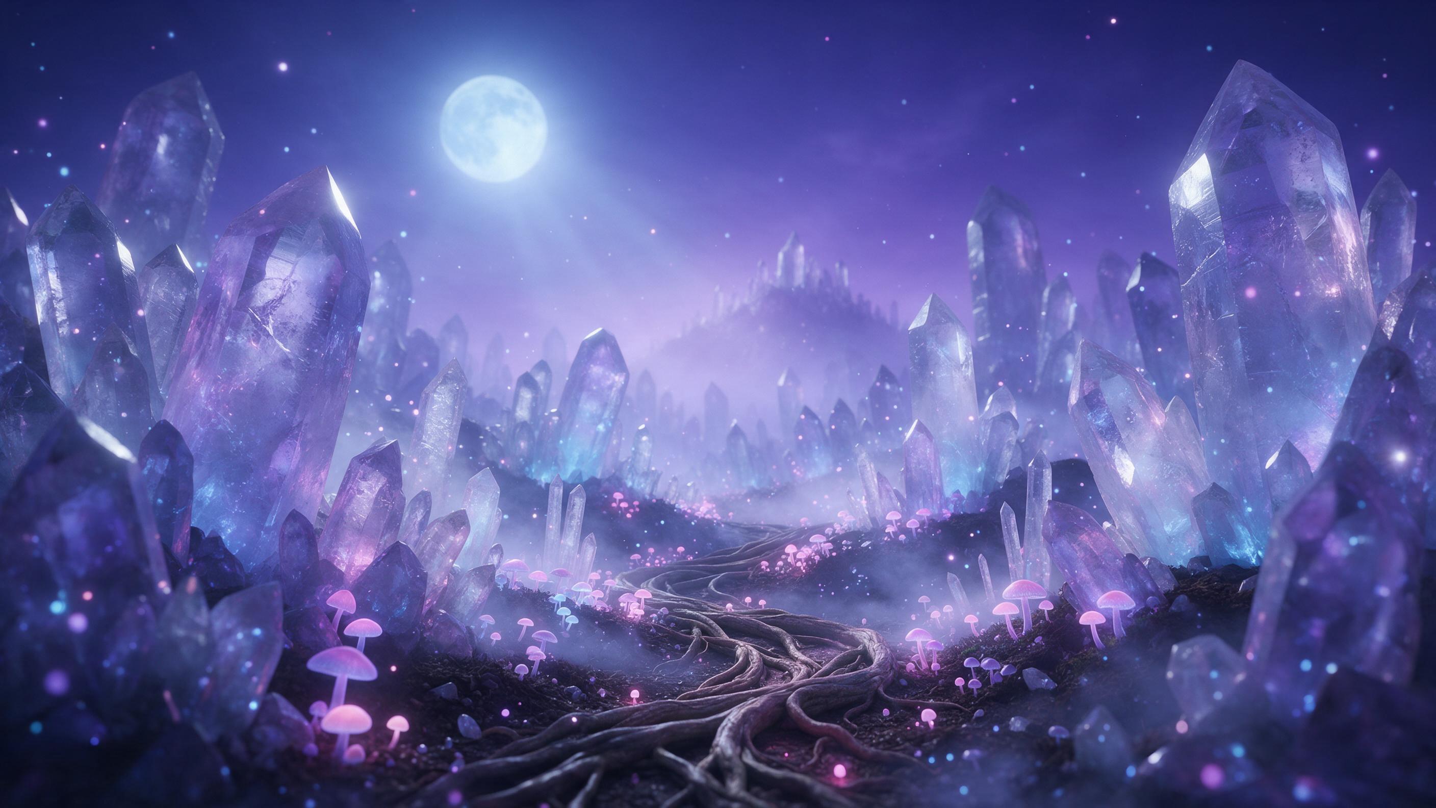 A bioluminescent crystal forest under a violet night sky, glowing mushrooms and floating spores, winding root paths, soft mist, moonlight filtering through towering quartz, dreamlike, ethereal, cinematic composition