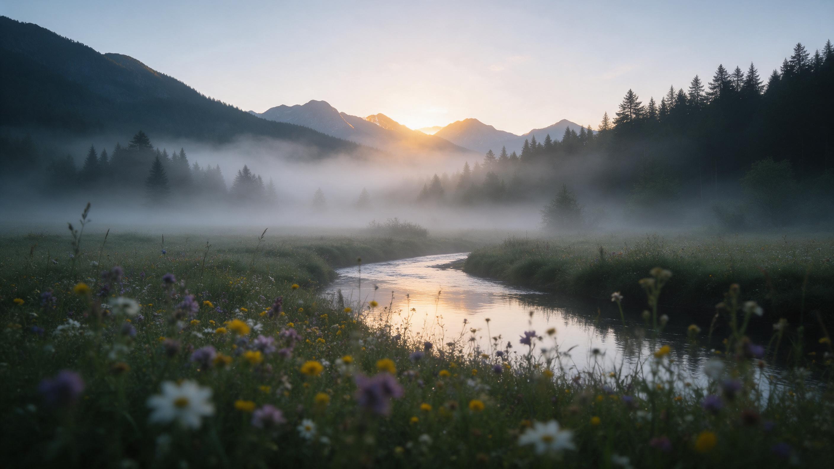 A mountain landscape with morning fog rolling through the forest, golden sunlight breaking over the peaks, a small river reflecting the sky, foreground of wildflowers in soft focus, elegant and calm atmosphere