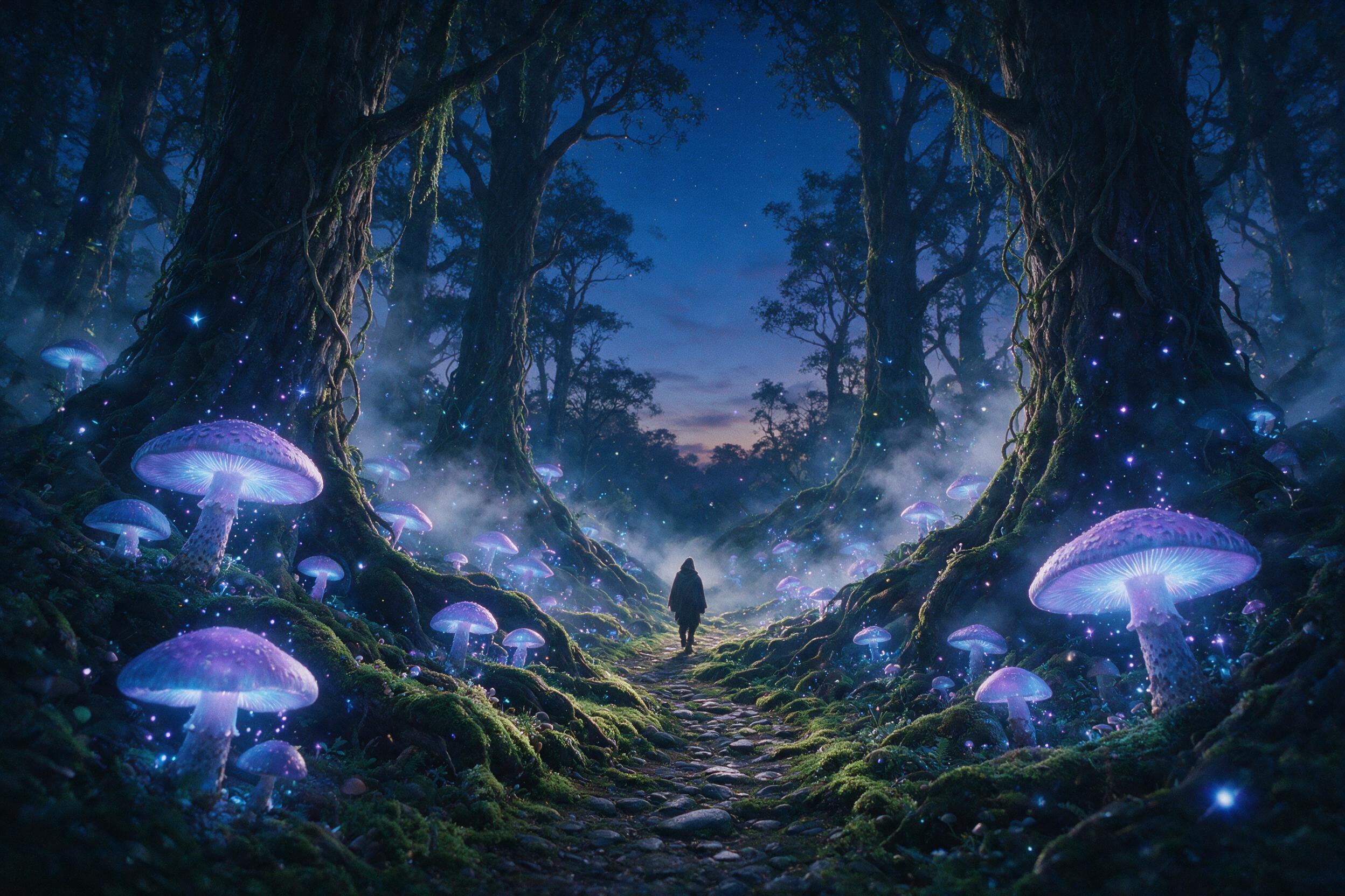 A bioluminescent forest at twilight, where giant glowing mushrooms and floating spores cast soft blue and violet light on a winding mossy path. A lone figure in a hooded cloak walks away, silhouette small against massive tree roots. Mist between trunks, fireflies like tiny stars. Shot on 35mm film, 