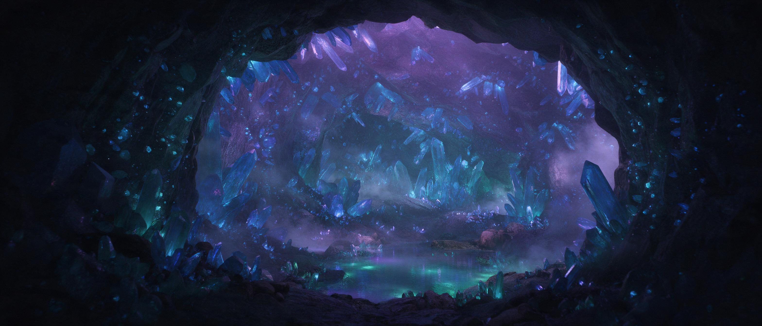 A luminous crystal cave beneath a mountain, glowing blue crystals on walls and ceiling, a small pond reflecting soft bioluminescent light, wisps of mist drifting, purple and turquoise hues, magical atmosphere, cinematic composition with a narrow cave entrance framing the scene