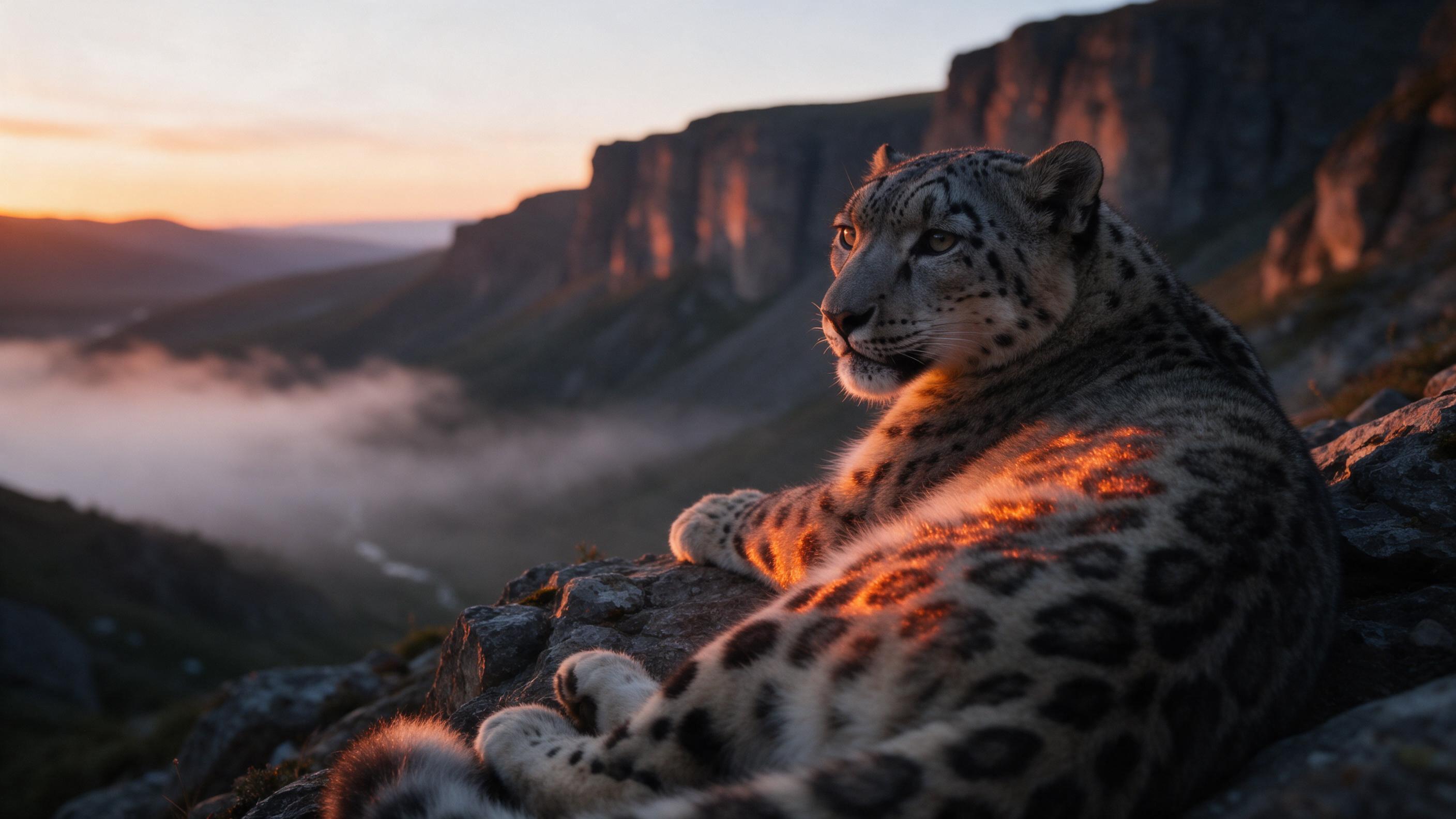 A snow leopard rests on a rocky outcrop at dawn, mist drifting through the alpine valley below. Low sun casts warm orange light, catching the fur's rosettes. Telephoto compression blurs background cliffs. Slight grain from high ISO. No wires, no people.