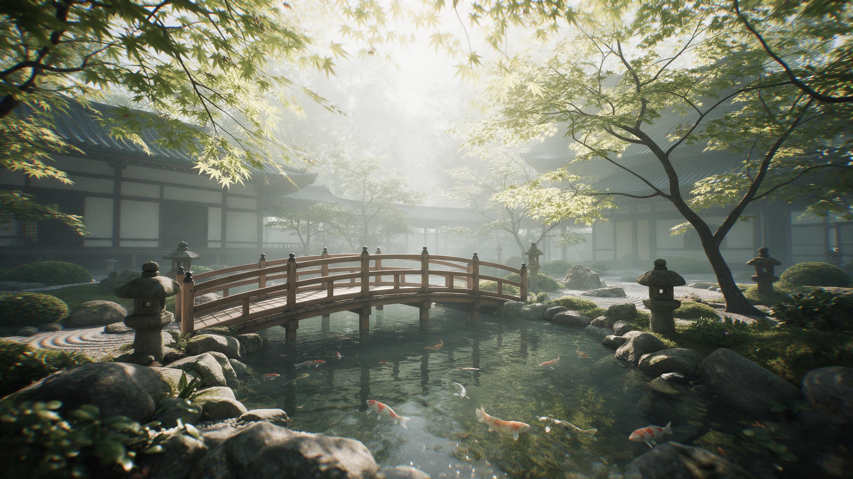 A tranquil zen garden with a curved wooden bridge over a koi pond, surrounded by minimalist Japanese temple architecture, morning mist, soft golden sunlight filtering through maple leaves, koi fish swimming in clear water, stone lanterns, clean lines, natural texture, slight camera shake, peaceful a
