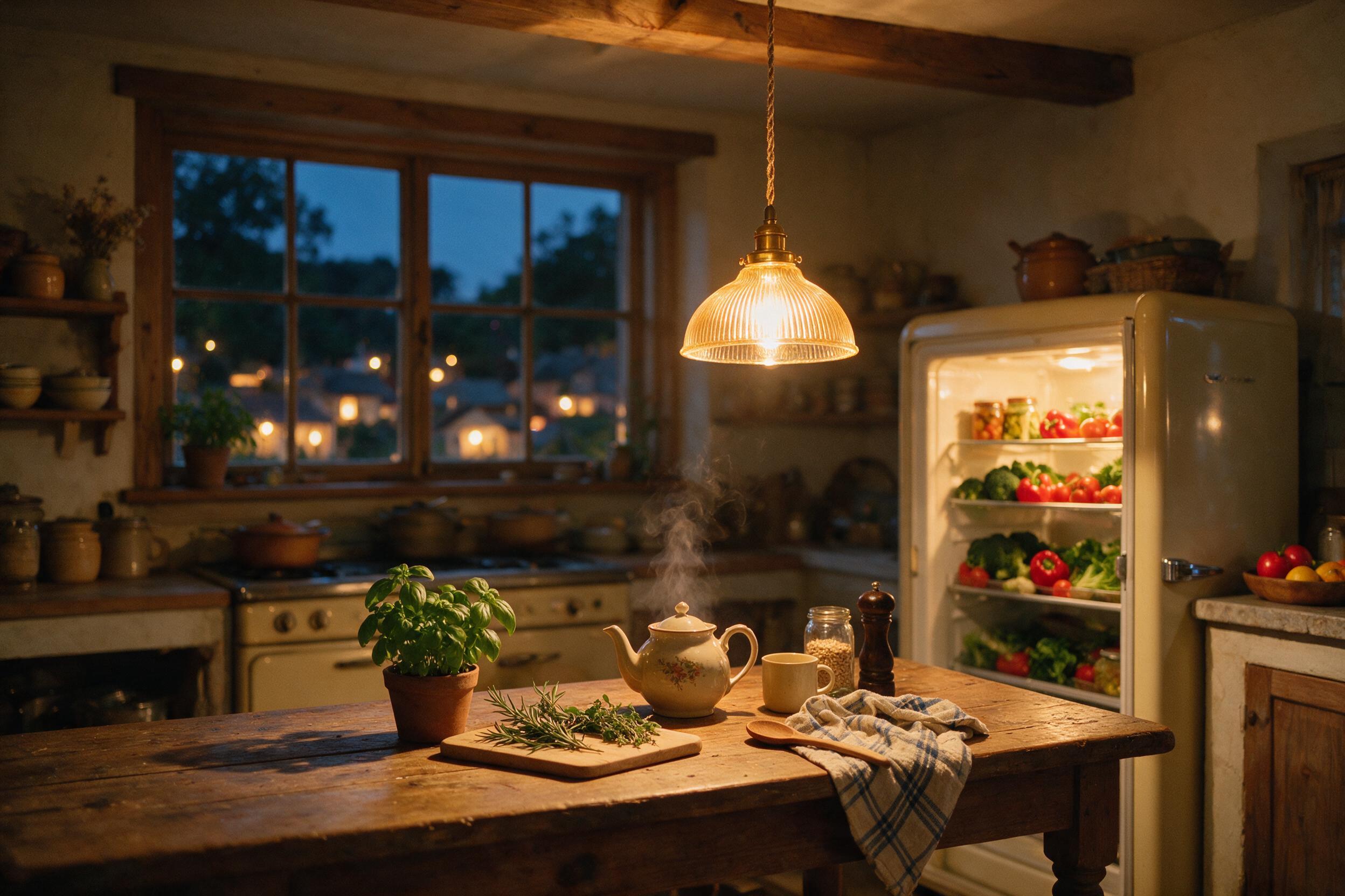 Cozy evening kitchen interior, warm amber pendant light over a rustic wooden table scattered with fresh herbs and a steaming ceramic teapot. Soft window light mixing with lamp glow, slight film grain, ajar fridge reveals colorful vegetables. 35mm lens, shallow depth of field.
