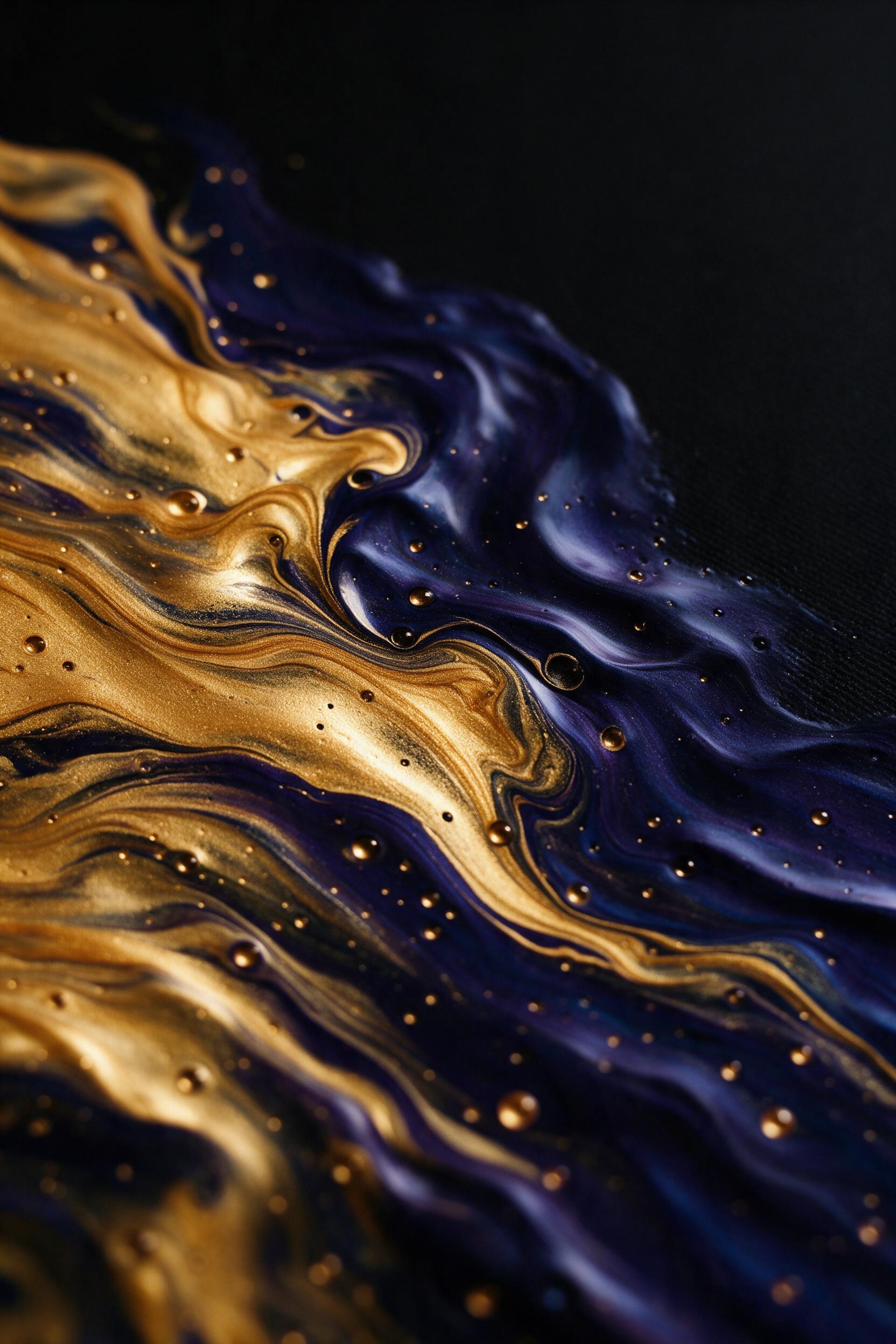 Swirling liquid gold and deep indigo paint colliding on a black canvas, fine bubbles and delicate ripples catching warm side light, gentle macro focus on the viscous texture, minimal composition with negative space at the top right corner