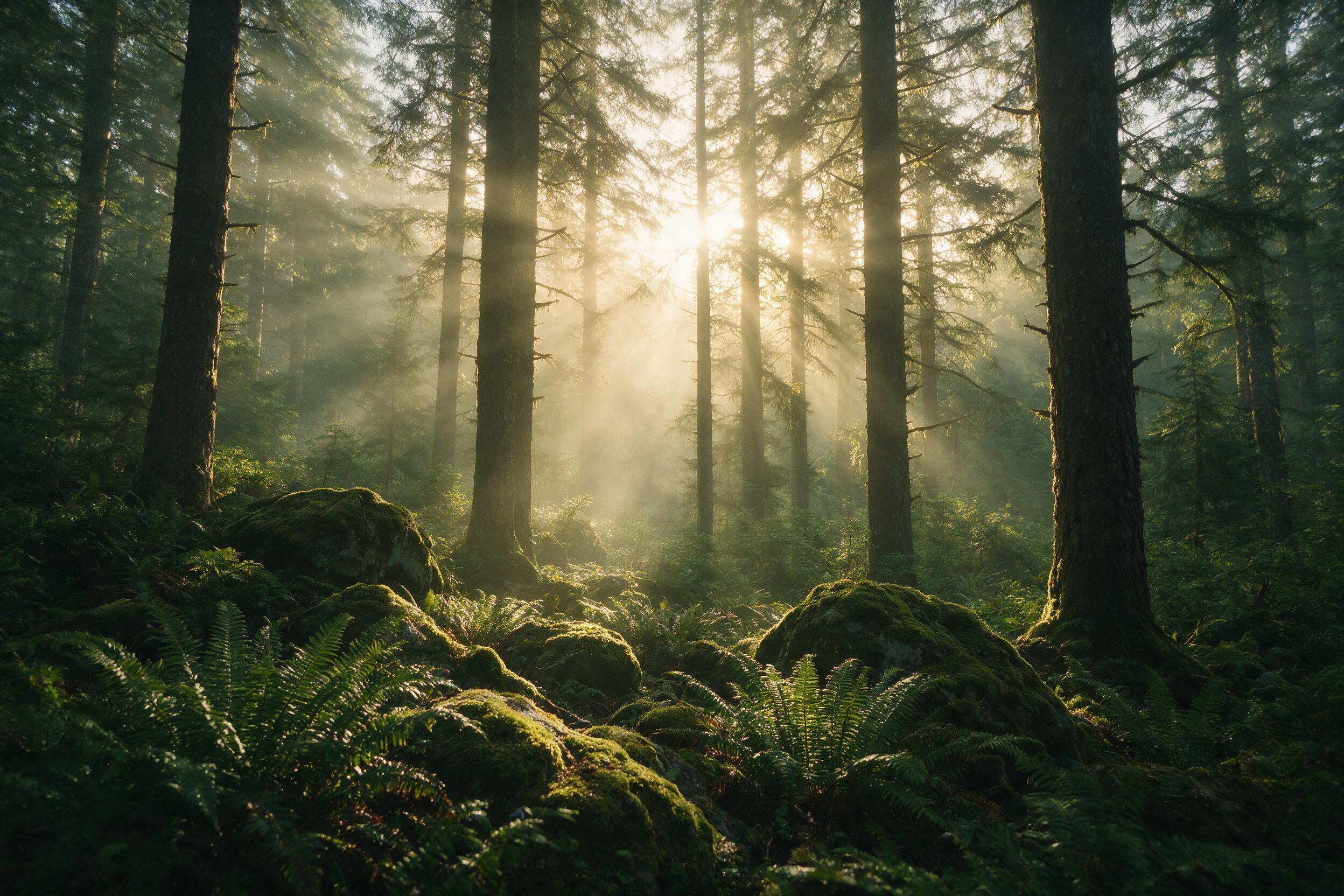 Mist rising over a dense temperate rainforest at dawn, ferns and moss-covered rocks in foreground, soft golden sunbeams piercing through tall pine trees, shallow depth of field, subtle green and gold color palette, natural morning light, slight haze, organic composition.
