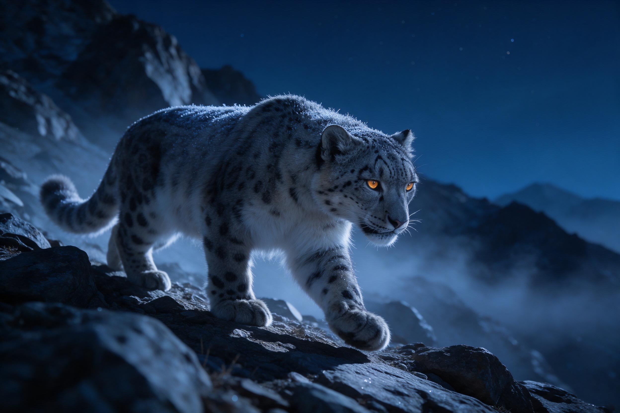 A snow leopard steps silently across a moonlit Himalayan ridge, fur dusted with frost, piercing amber eyes focused forward. Low-angle shot captures its muscular form against a deep indigo sky scattered with faint stars. Soft blue light wraps the rocky terrain, while a thin mist threads through dista