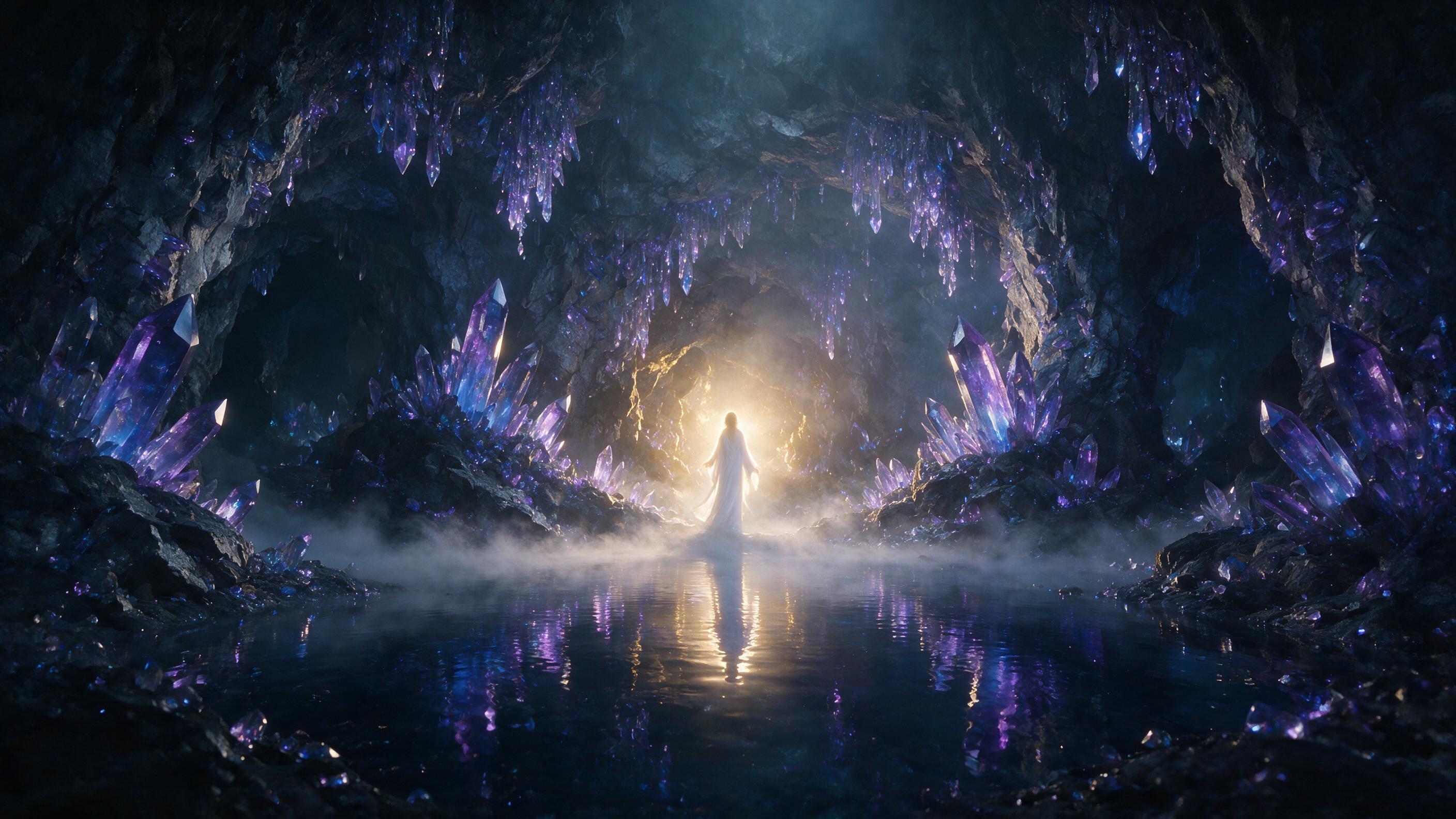 A luminous crystal cave deep underground, where glowing purple and blue bioluminescent crystals jut from the walls and ceiling, reflecting in a still pool of water. Soft mist rises, and a single ethereal figure in a flowing white robe stands at the center, backlit by a warm golden light from a hidde