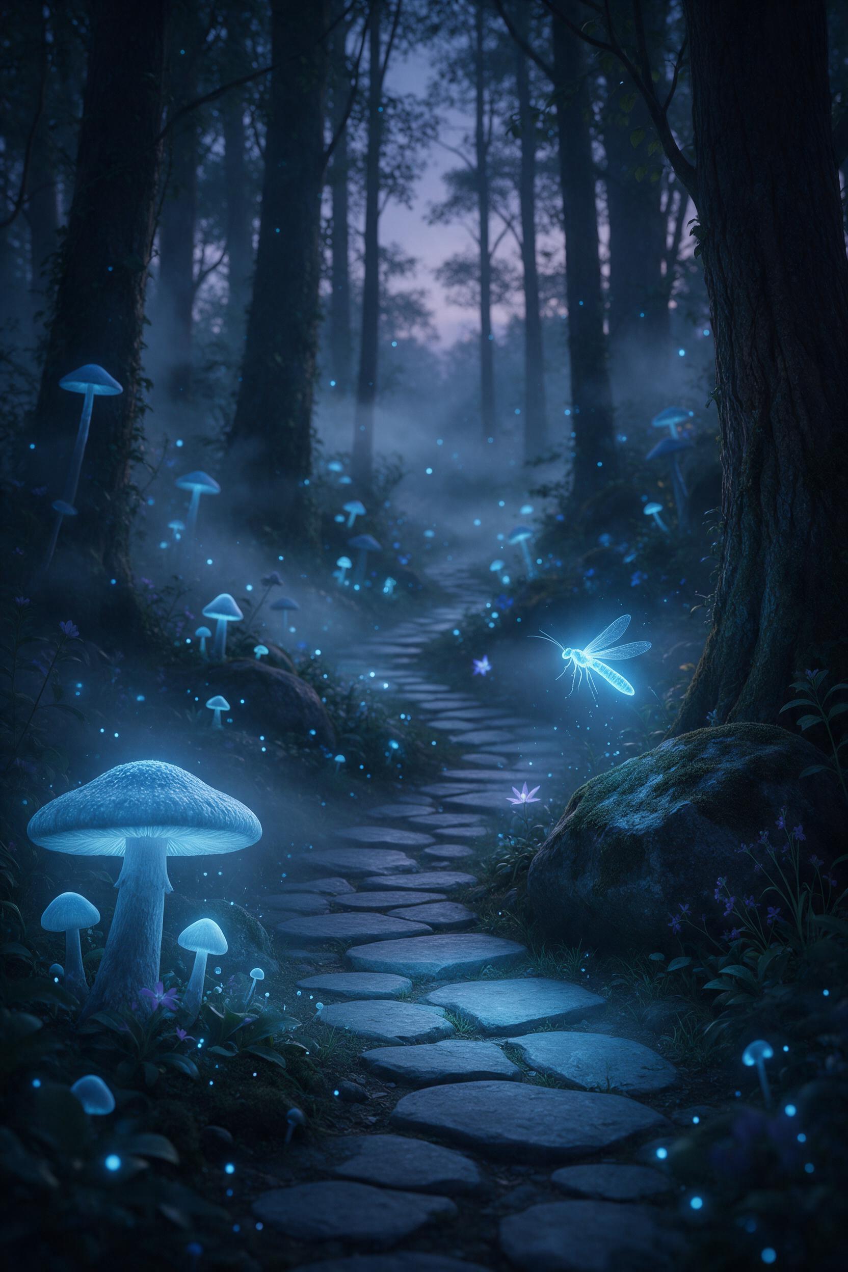 A bioluminescent forest at dusk, where giant glowing mushrooms cast soft blue light on a winding path, a floating firefly-like creature hovers near mossy stones, mist rolling between ancient trees, ethereal atmosphere, cinematic composition with layered depth, subtle purple and teal palette, gentle 