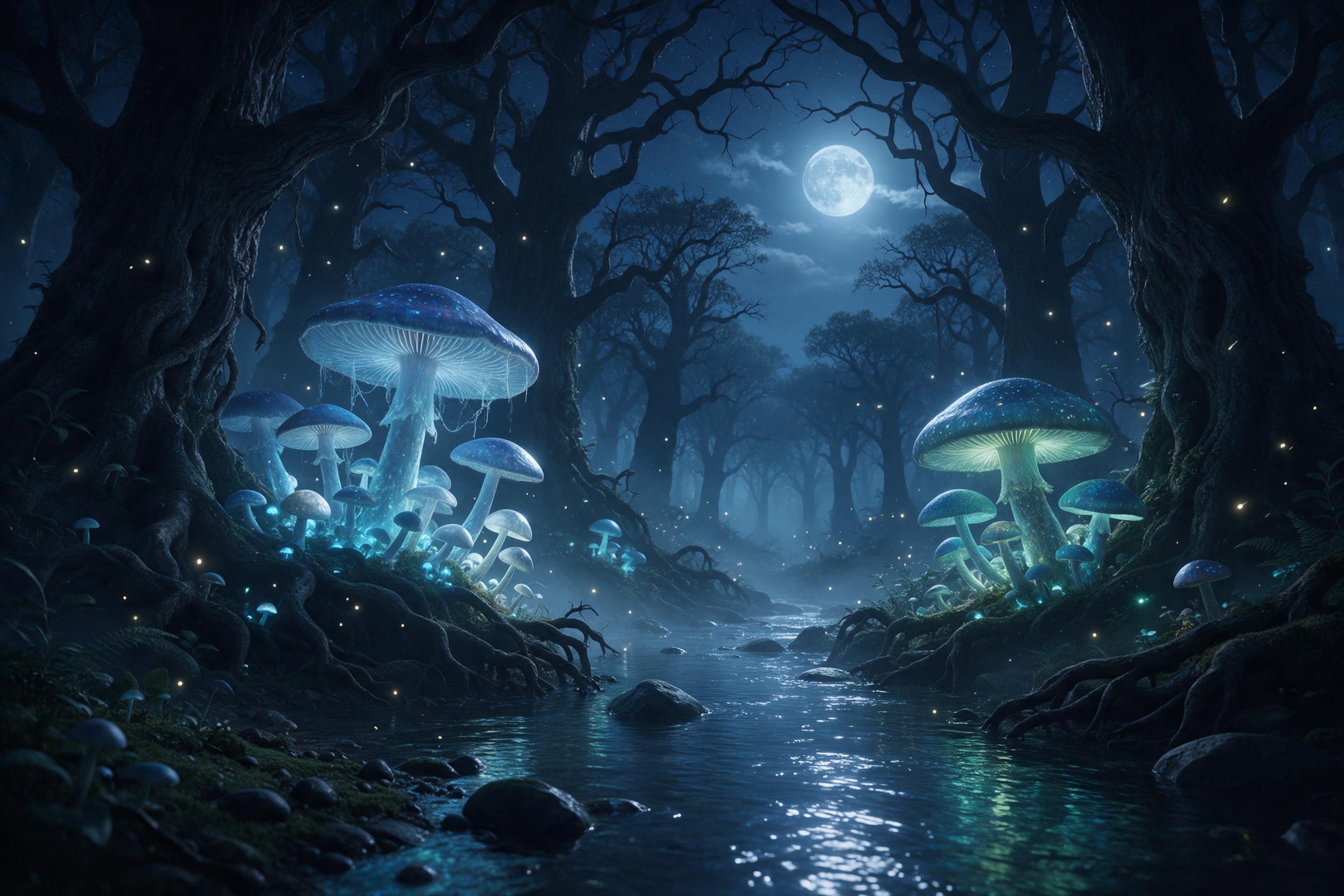 A moonlit ancient forest with giant bioluminescent mushrooms casting soft blue and green glow, a stream reflecting the light, fireflies floating, silhouetted ancient trees, misty air, gentle fantasy atmosphere, detailed texture