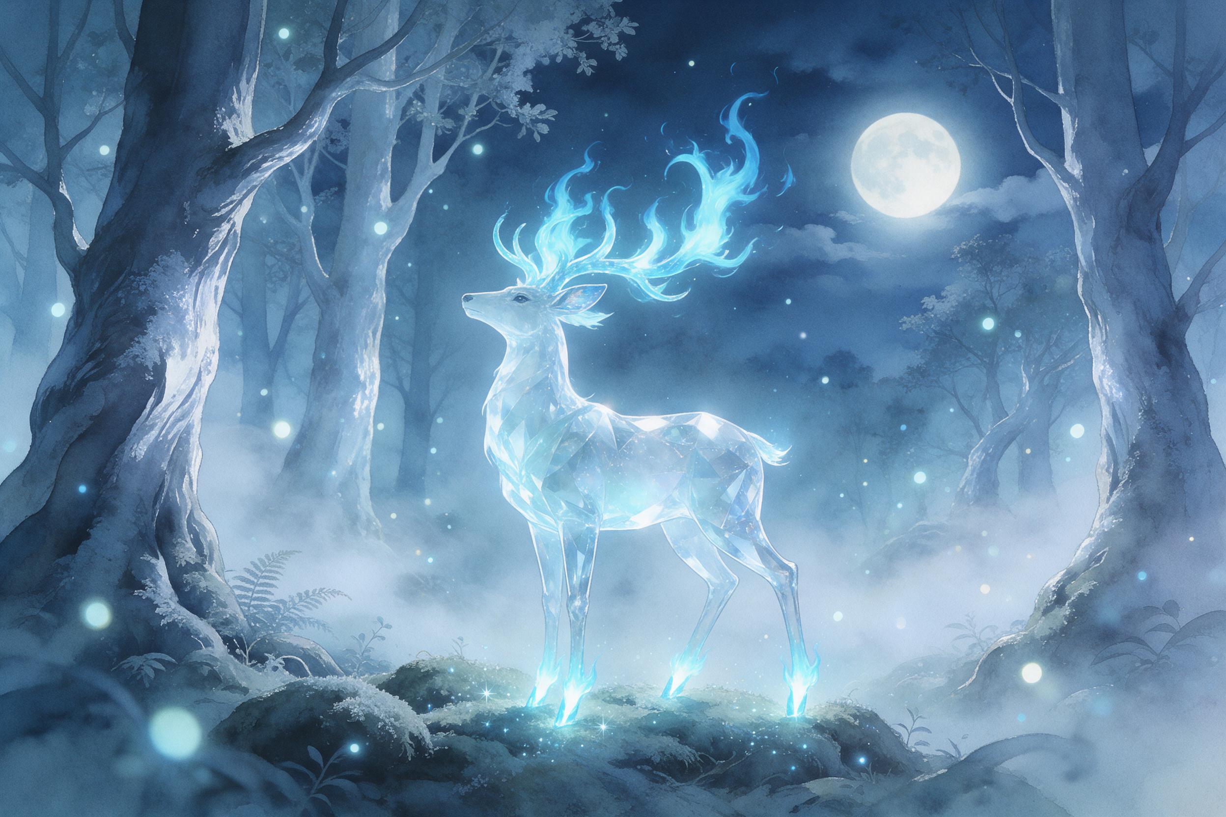 A glowing crystal stag with antlers of twisted blue flame stands in a moonlit silver forest, its hooves leaving sparkles on mossy ground. Ethereal mist drifts between ancient trees, soft bokeh fireflies, cool cyan palette, dreamy atmosphere, gentle watercolor texture.