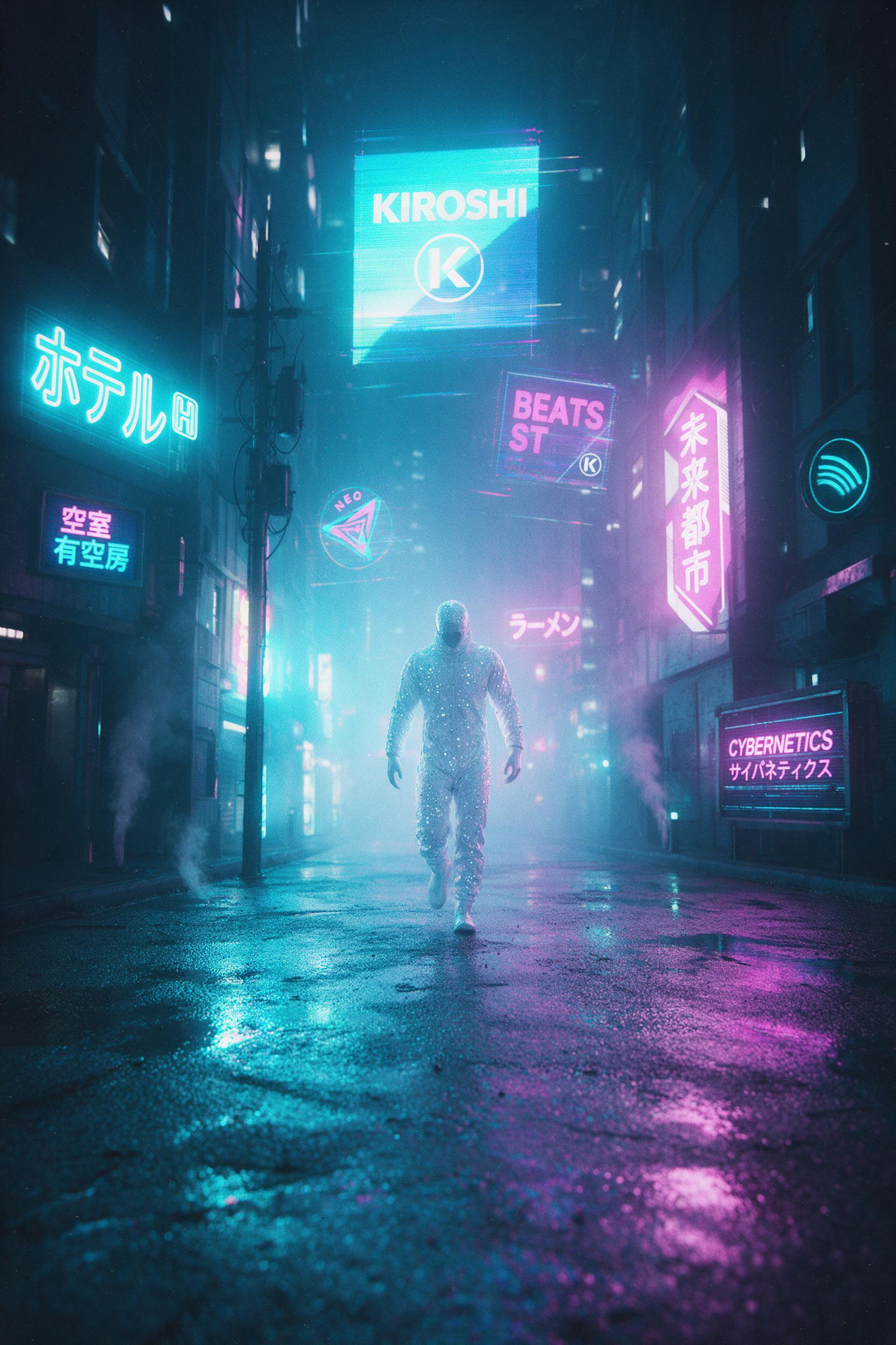 A lone figure in a white reflective suit walks through a rain-slick neon alley, holographic advertisements flickering overhead, steam rising from vents, wet asphalt mirroring cyan and magenta lights, cinematic shallow depth of field, slight motion blur, atmospheric haze.