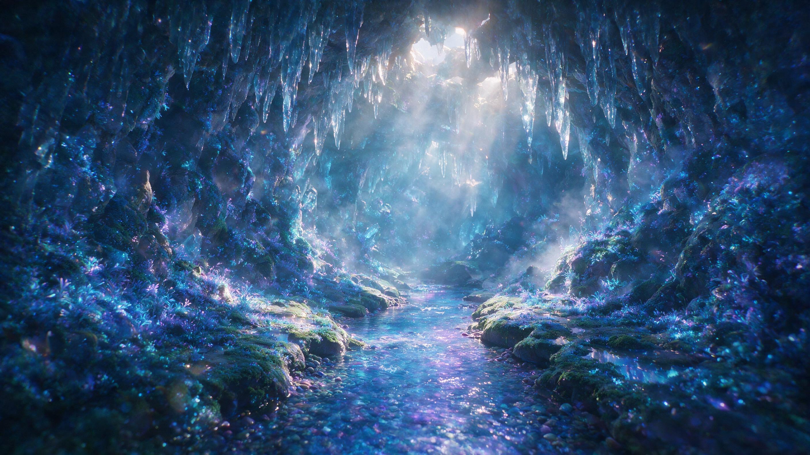 A luminous crystal cave deep underground, bioluminescent blue and purple moss covering the walls, a small stream of glowing water flowing through the center, soft light rays piercing through cracks in the ceiling, ethereal mist, wide angle view, cinematic lighting, slight lens flare, dreamy atmosphe