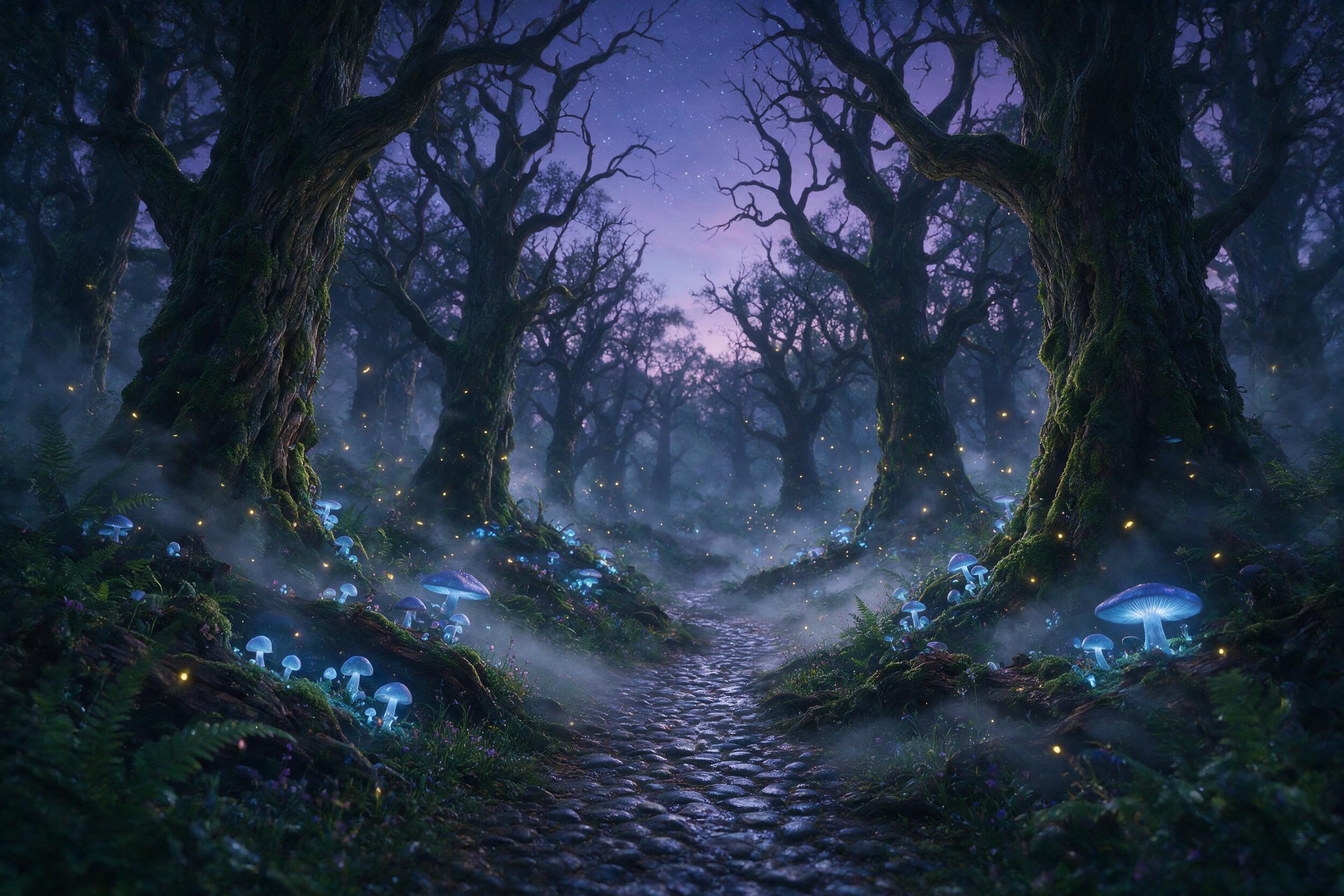 A mystical forest at twilight, glowing mushrooms casting soft blue light on a winding path, silver mist swirling between ancient gnarled trees, fireflies floating in the air, shallow depth of field, cinematic composition, ethereal atmosphere