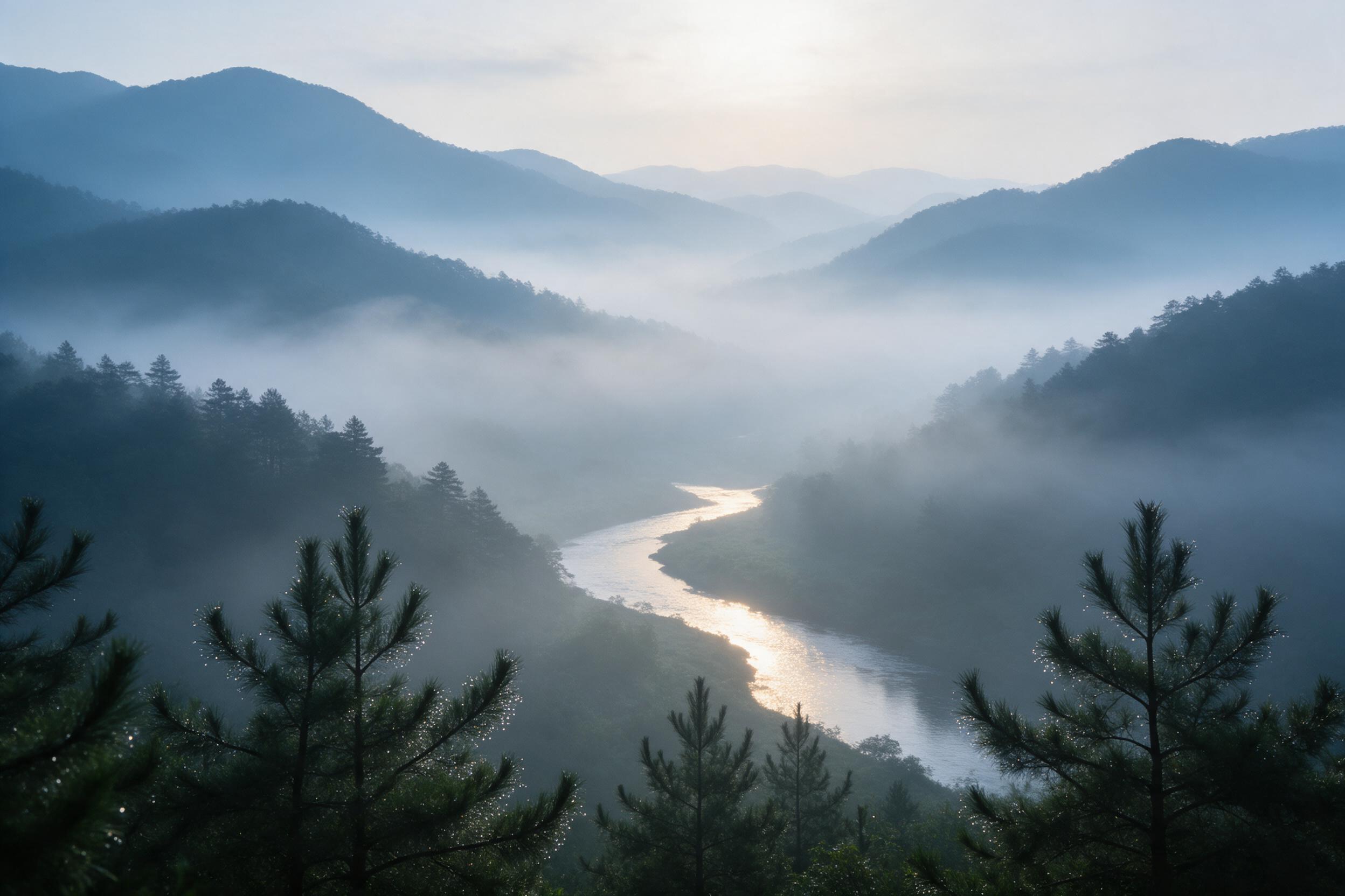 A misty mountain valley at dawn, layered blue-tinged ridges fading into soft fog, a winding river catching warm golden light, pine trees with dew, quiet and serene, natural atmospheric perspective, soft diffused sunlight, subtle cool shadows, no people or animals
