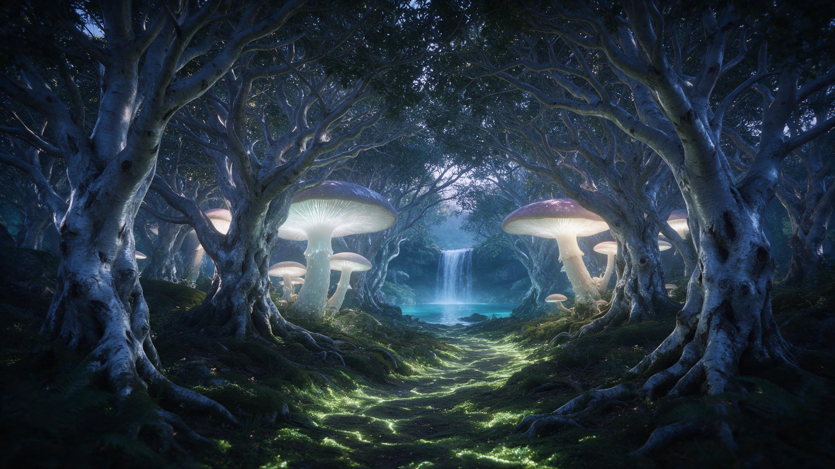 An ethereal forest at twilight, where massive bioluminescent mushrooms cast a soft glow, illuminating a winding path of glowing moss. Ancient gnarled trees with silver bark, their branches intertwined overhead, creating a natural canopy. In the distance, a gentle waterfall cascades into a crystal-cl