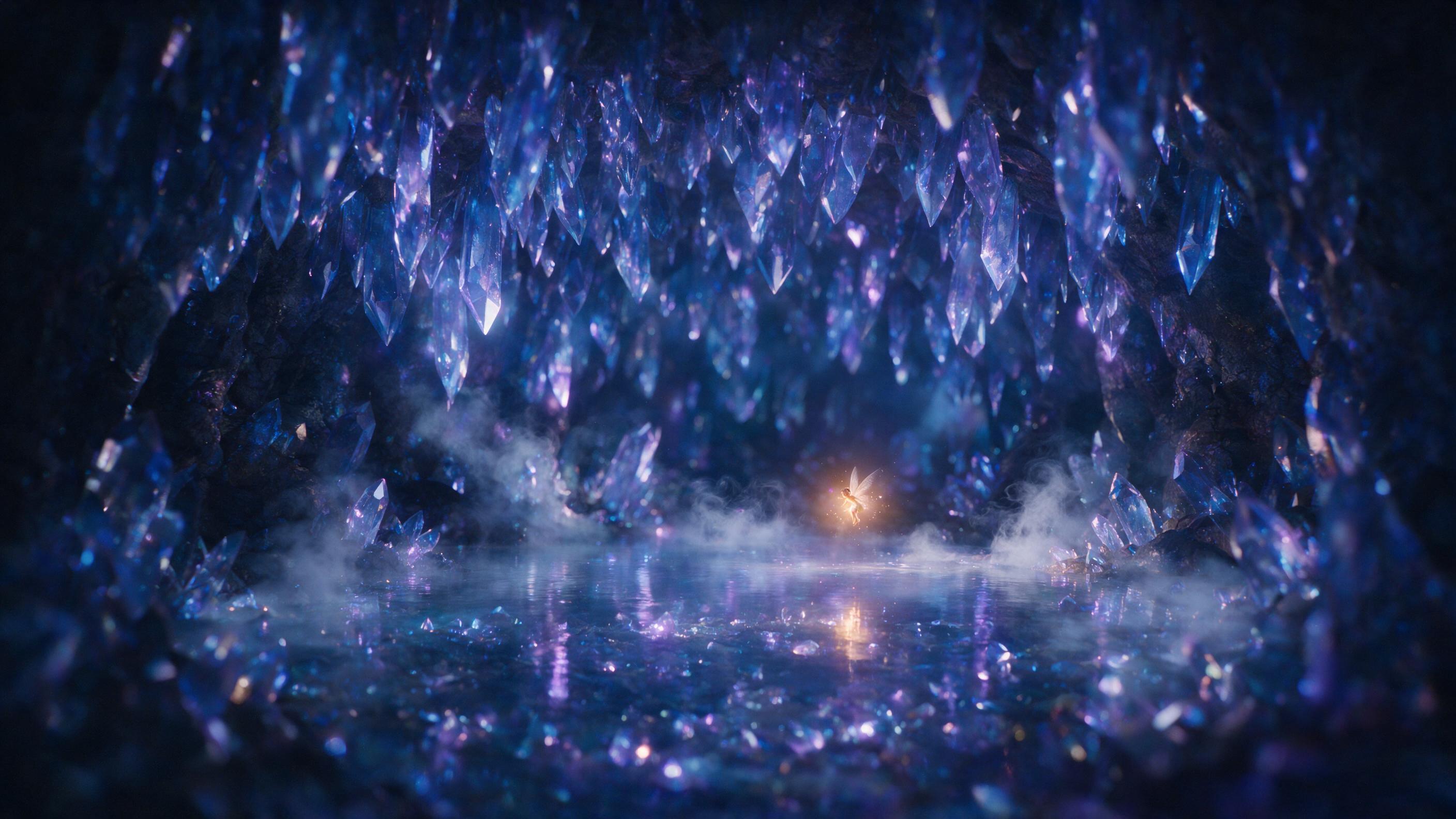 A luminous crystal cave with glowing blue and purple stalactites, a small fairy with translucent wings hovering near a still pool reflecting the magical light, soft mist rising from the water, cinematic composition with shallow depth of field, cool color palette with warm amber glow from the fairy's