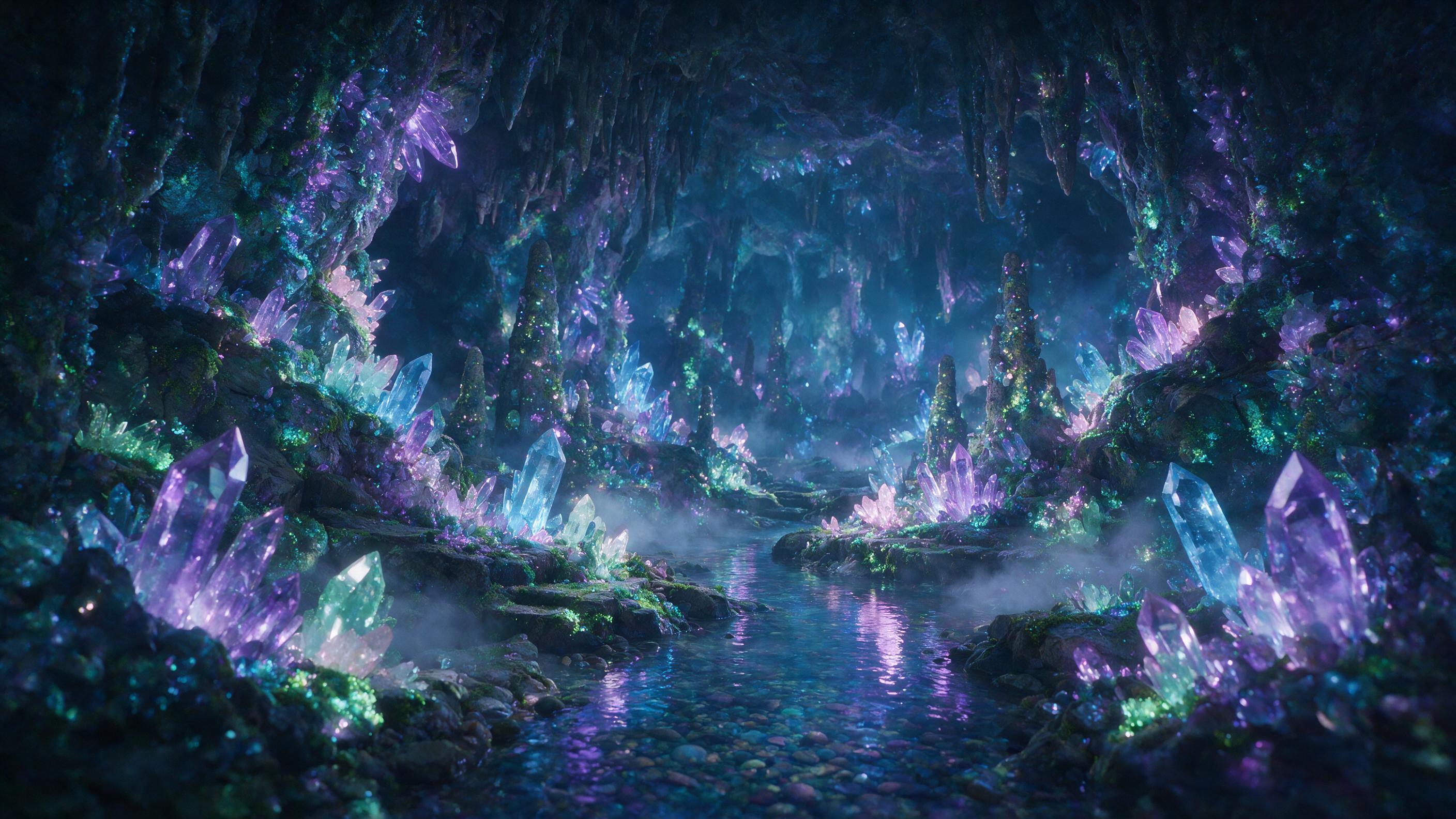 A glowing crystal cave deep underground, bioluminescent moss covering the walls, a small stream of water reflecting purple and blue light, soft mist rising from the ground, wide angle lens, cinematic composition, natural lighting from the crystals