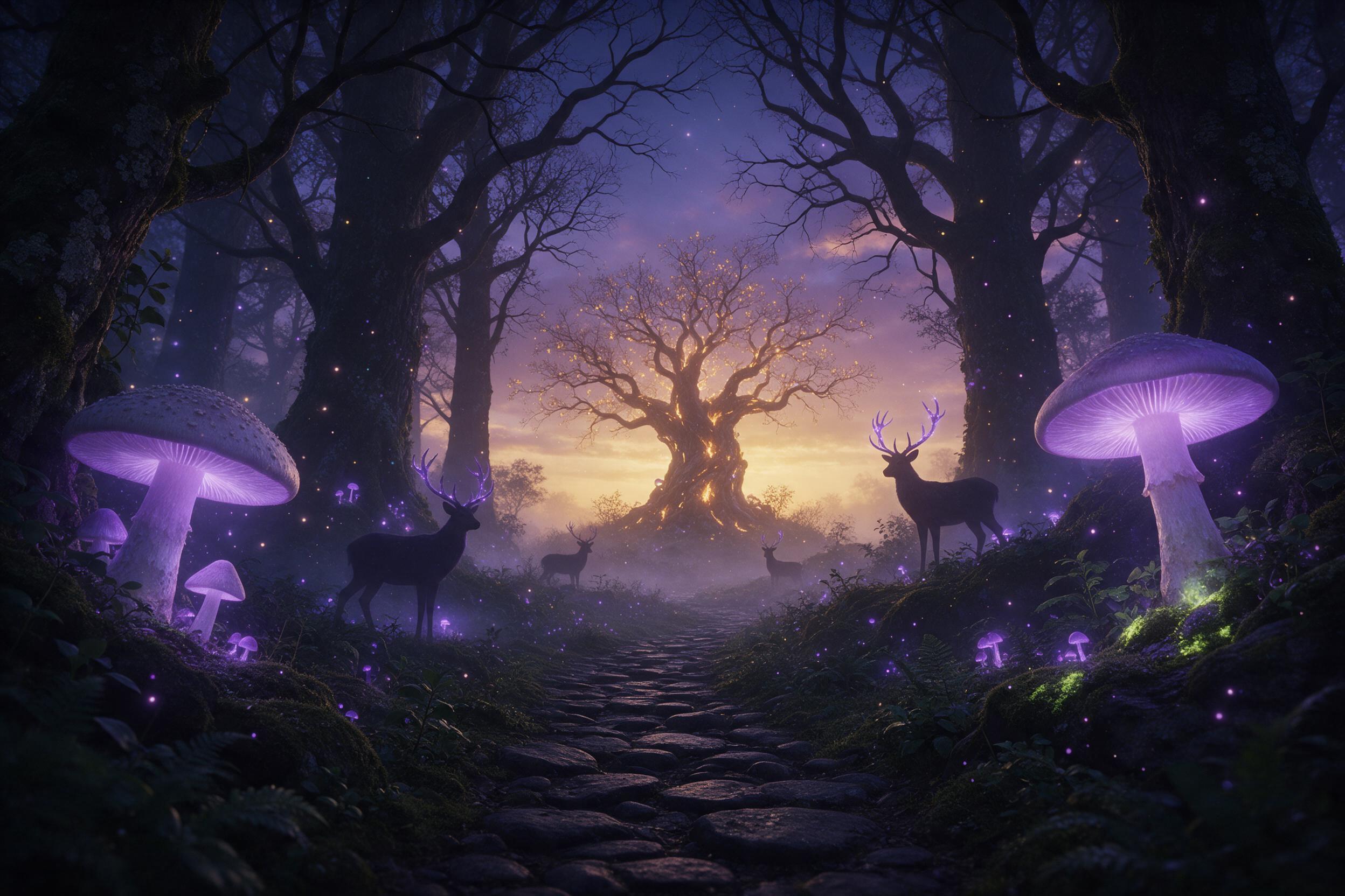 A bioluminescent ancient forest at dusk, colossal glowing mushrooms casting soft violet light on winding mossy paths, ethereal fairy dust floating in misty air, silhouettes of deer with glowing antlers, cinematic composition with a central path leading to a distant luminous tree, warm golden and coo