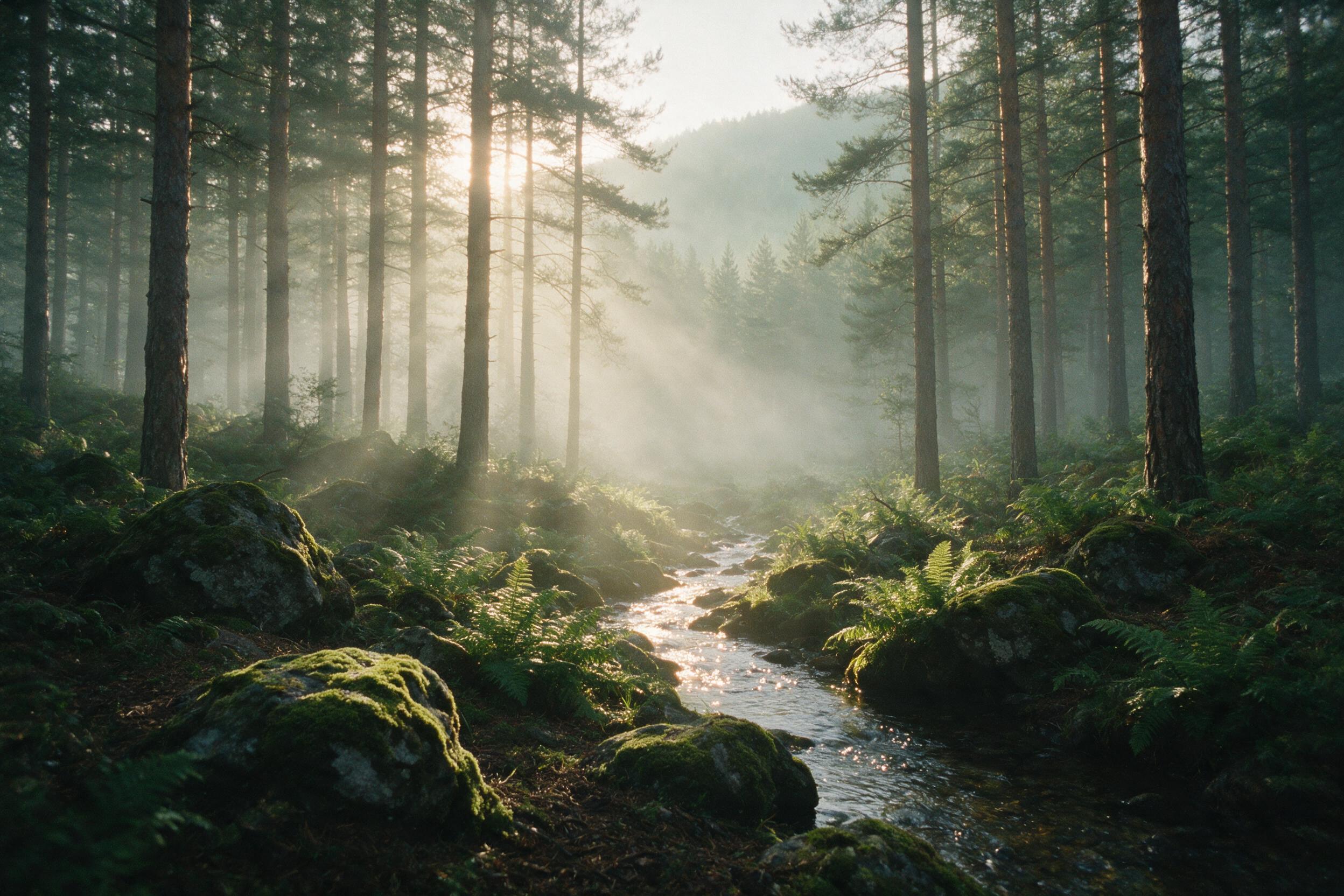 A misty pine forest at dawn, sunbeams piercing through fog, moss-covered rocks and a narrow stream reflecting golden light, gentle breeze moving ferns, natural color palette, soft atmospheric perspective, shot on 35mm film with subtle grain