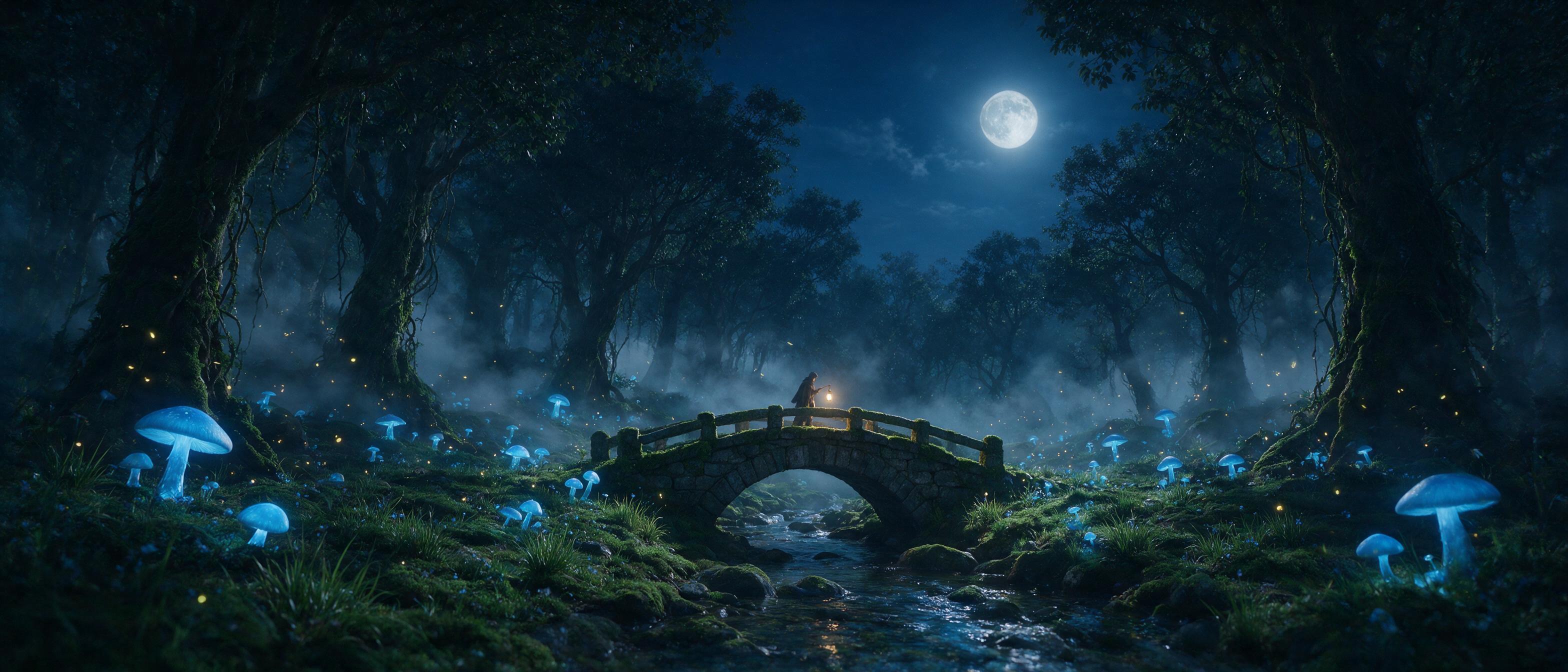 A moonlit forest clearing where giant glowing mushrooms cast soft blue light on a small stone bridge, fireflies drifting like embers, mist curling between ancient trees, a lone cloaked figure with a lantern crossing the bridge, cinematic composition, cool color palette with warm lantern glow, shallo