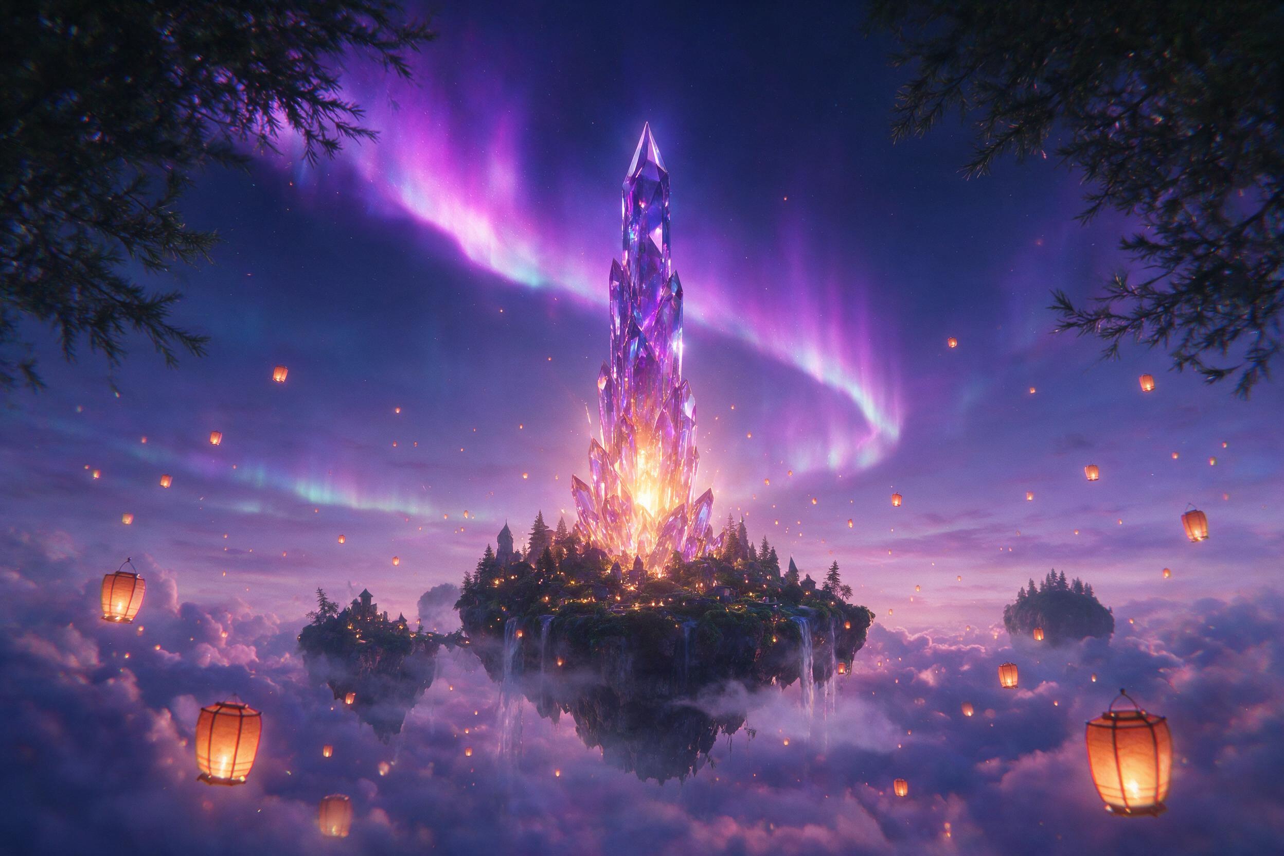 A glowing crystal tower rises from a misty island floating in twilight sky, violet aurora streams overhead, tiny lanterns drift through the air, soft ethereal light, dreamlike atmosphere, slight chromatic aberration, cinematic composition.