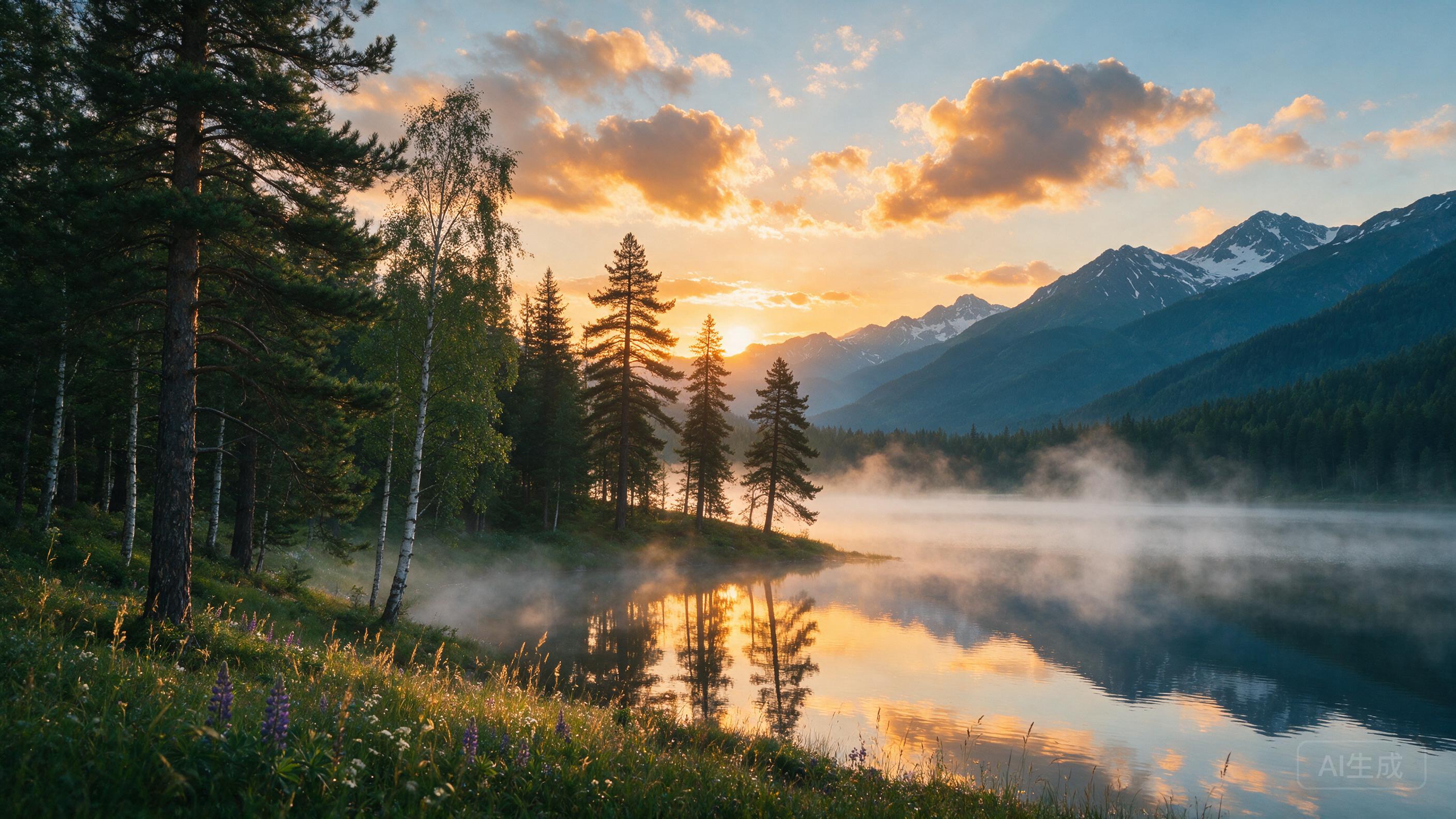 A serene mountain lake at sunrise, mist rising from the water, pine trees silhouetted against golden clouds, ultra-detailed, cinematic lighting