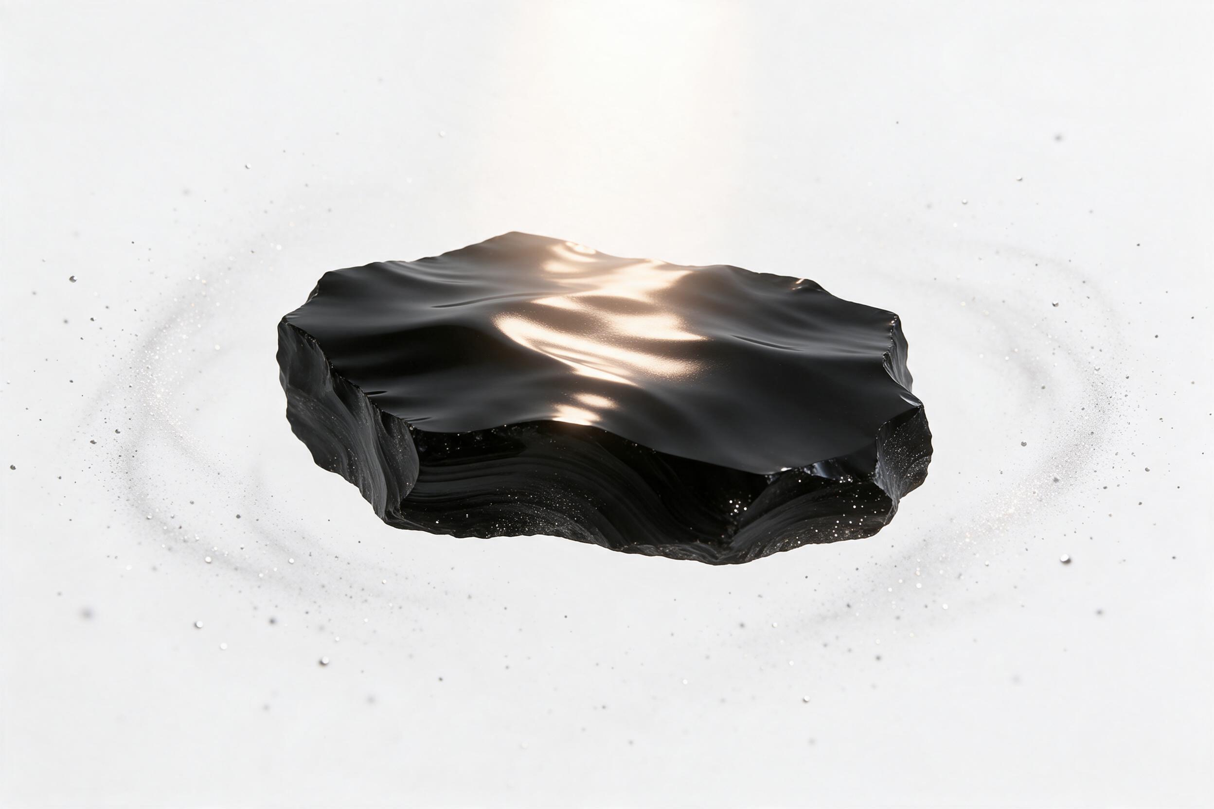A monolithic slab of rippled, black obsidian floats in a white void, its surface reflecting a single, hazy, warm white light source from above. Fine silver dust particles drift and catch the light, creating faint, swirling trails. The composition is centered and stark, with sharp, clean edges and de