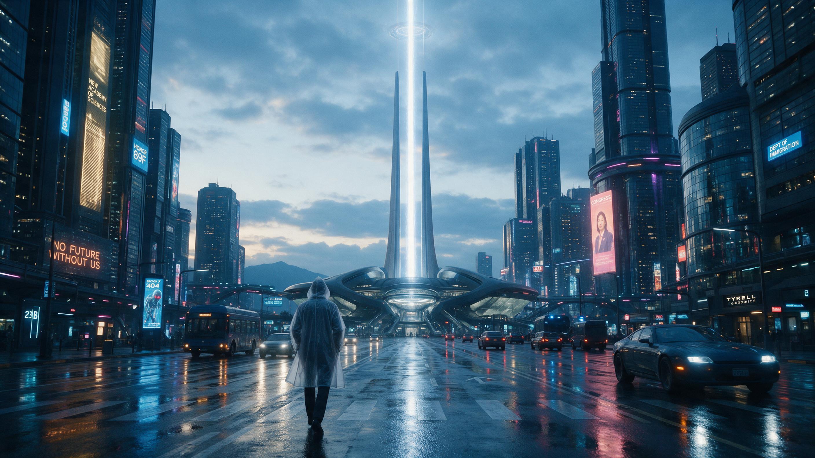 A sprawling neon-lit megacity under a pale blue dusk, towering glass spires with holographic advertisements flickering in the rain-slicked streets. A lone figure in a translucent raincoat walks toward a colossal gravity elevator, its beam cutting through low clouds. Cinematic wide shot, moody reflec