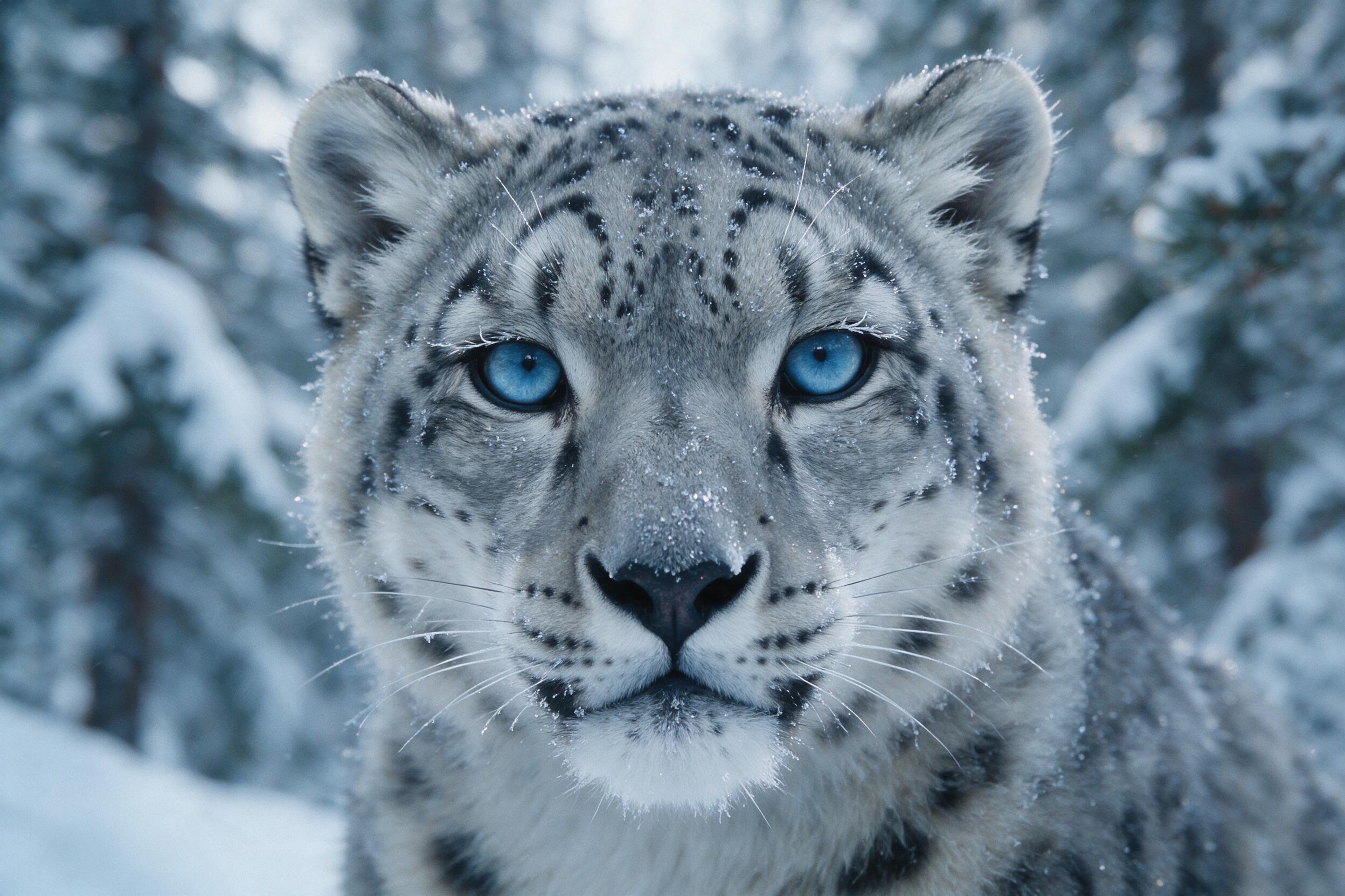A close-up of a snow leopard's piercing blue eyes, fur dusted with frost, subtle bokeh of snow-covered pine trees in the background, soft overcast winter light, natural grain, slight camera shake, calm atmosphere.